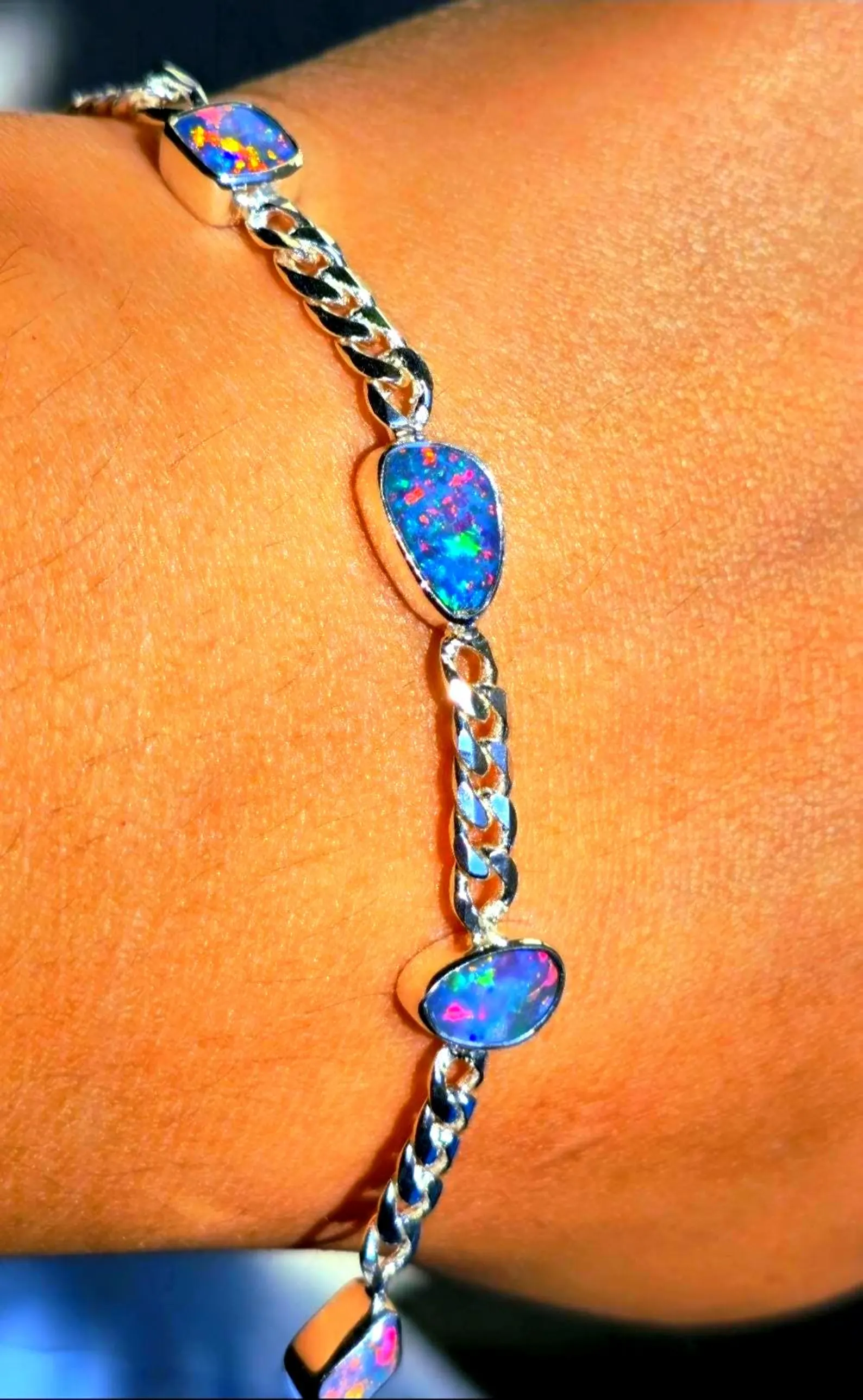 Australian Opal Bracelet 925 sterling silver Curb Chain 5 thumbnail 4