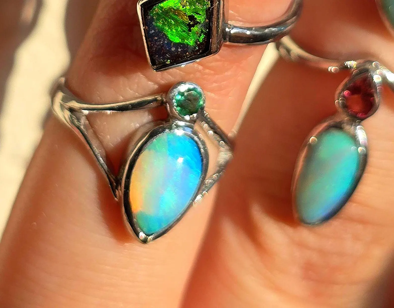 AQUA- Natural Emerald Australian Opal Ring 925 Sterling Silver, PINKY MIDI thumbnail 10