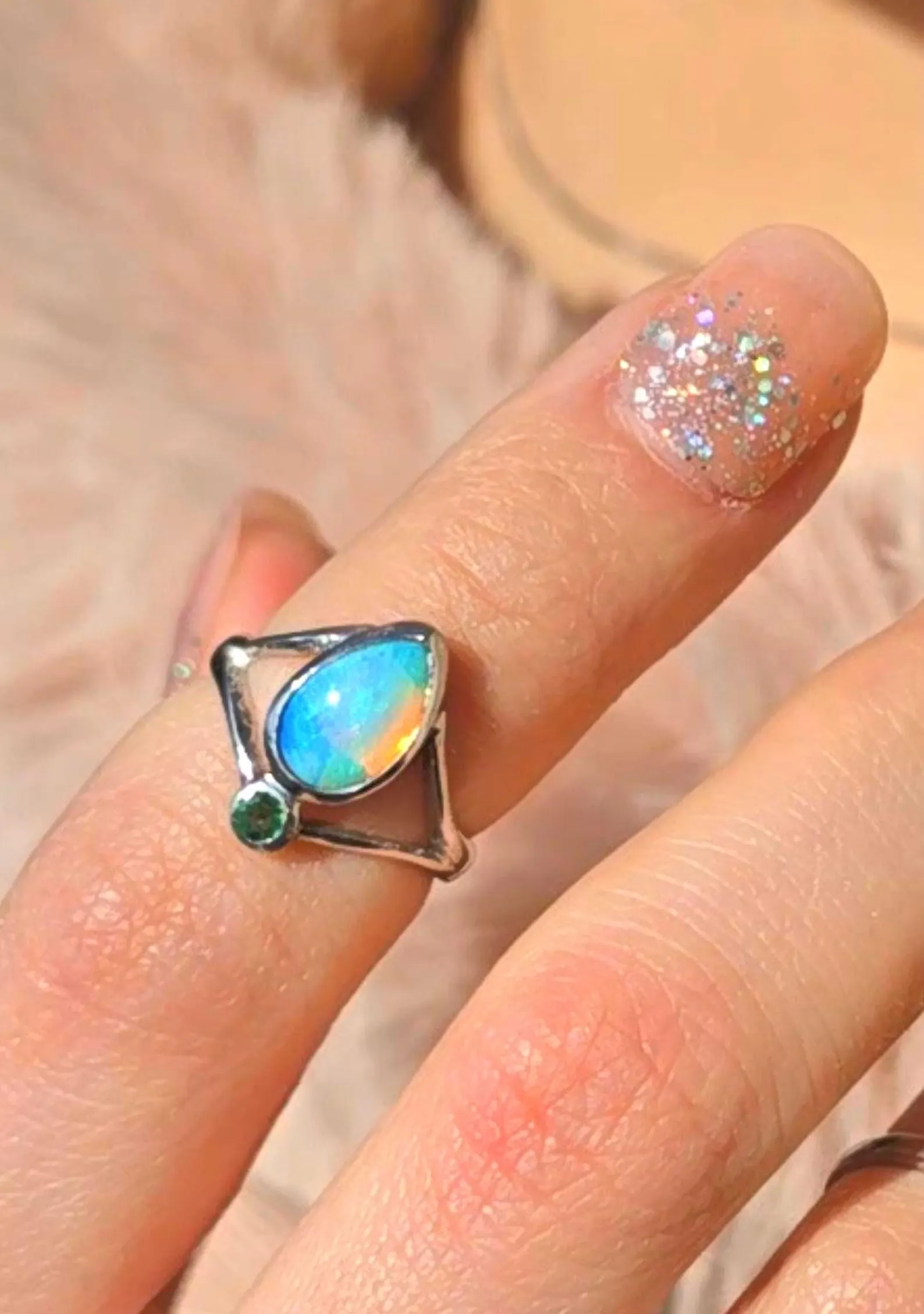 AQUA- Natural Emerald Australian Opal Ring 925 Sterling Silver, PINKY MIDI thumbnail 7