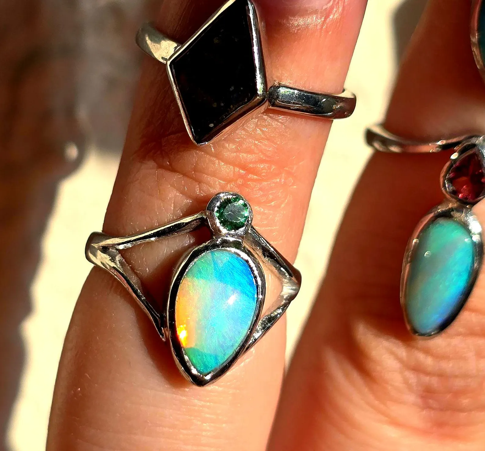 AQUA- Natural Emerald Australian Opal Ring 925 Sterling Silver, PINKY MIDI thumbnail 11