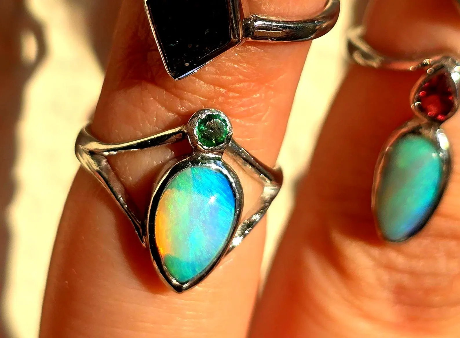 AQUA- Natural Emerald Australian Opal Ring 925 Sterling Silver, PINKY MIDI thumbnail 12