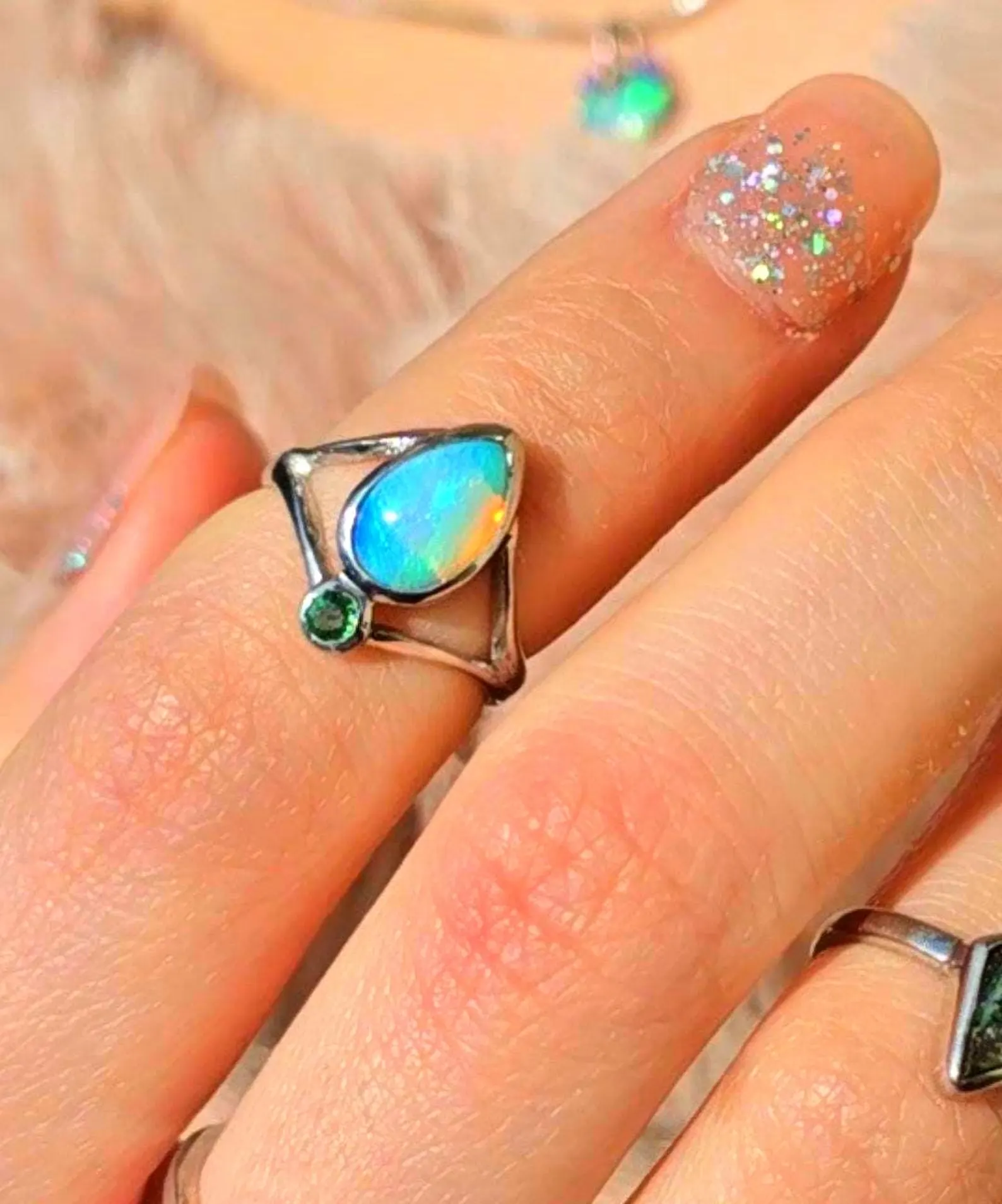 AQUA- Natural Emerald Australian Opal Ring 925 Sterling Silver, PINKY MIDI thumbnail 13