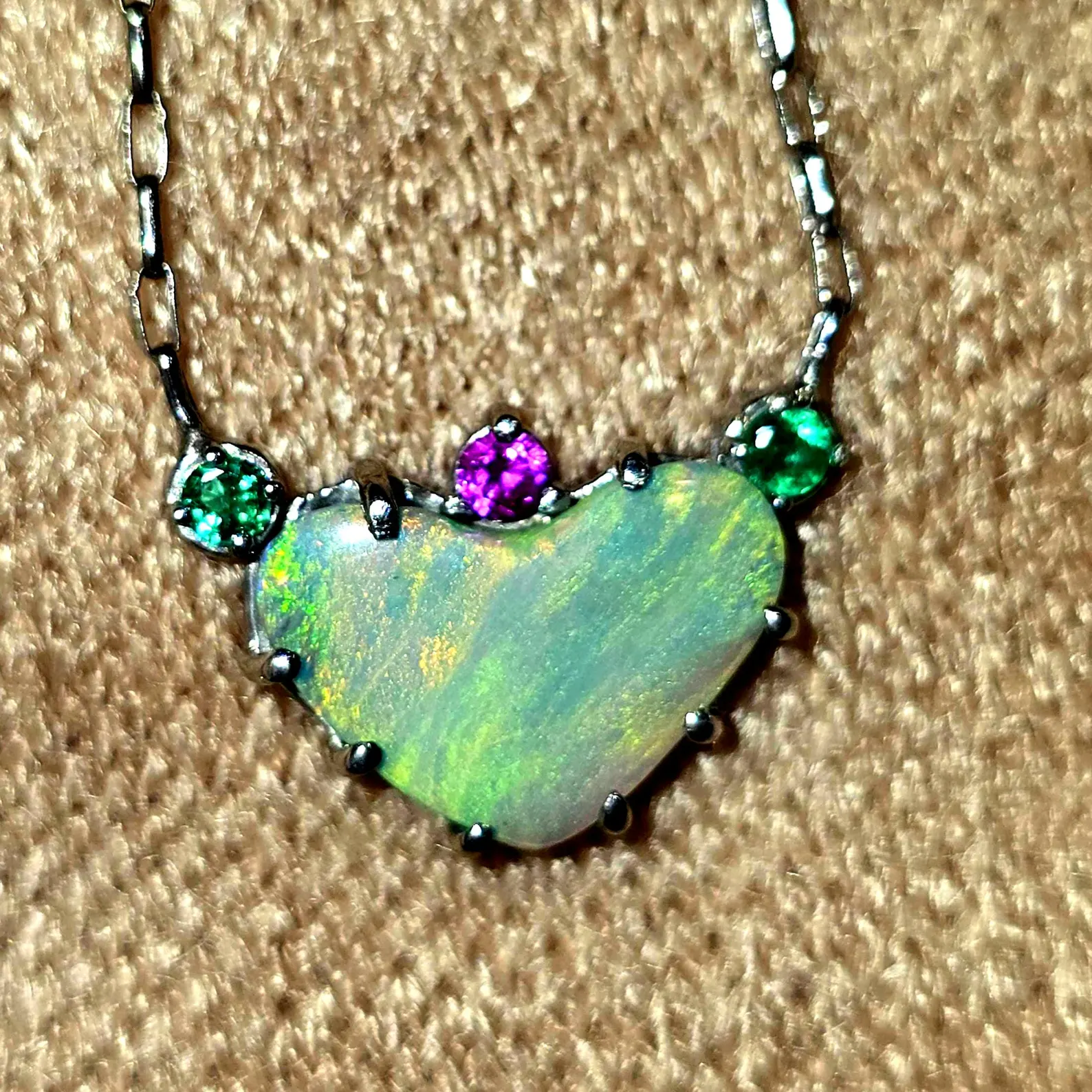 Natural Australian Opal Heart Necklace, Emerald Tourmaline 925 Silver, Opal Pendant, Genuine Opal Jewelry, October Birthstone Women Art Deco