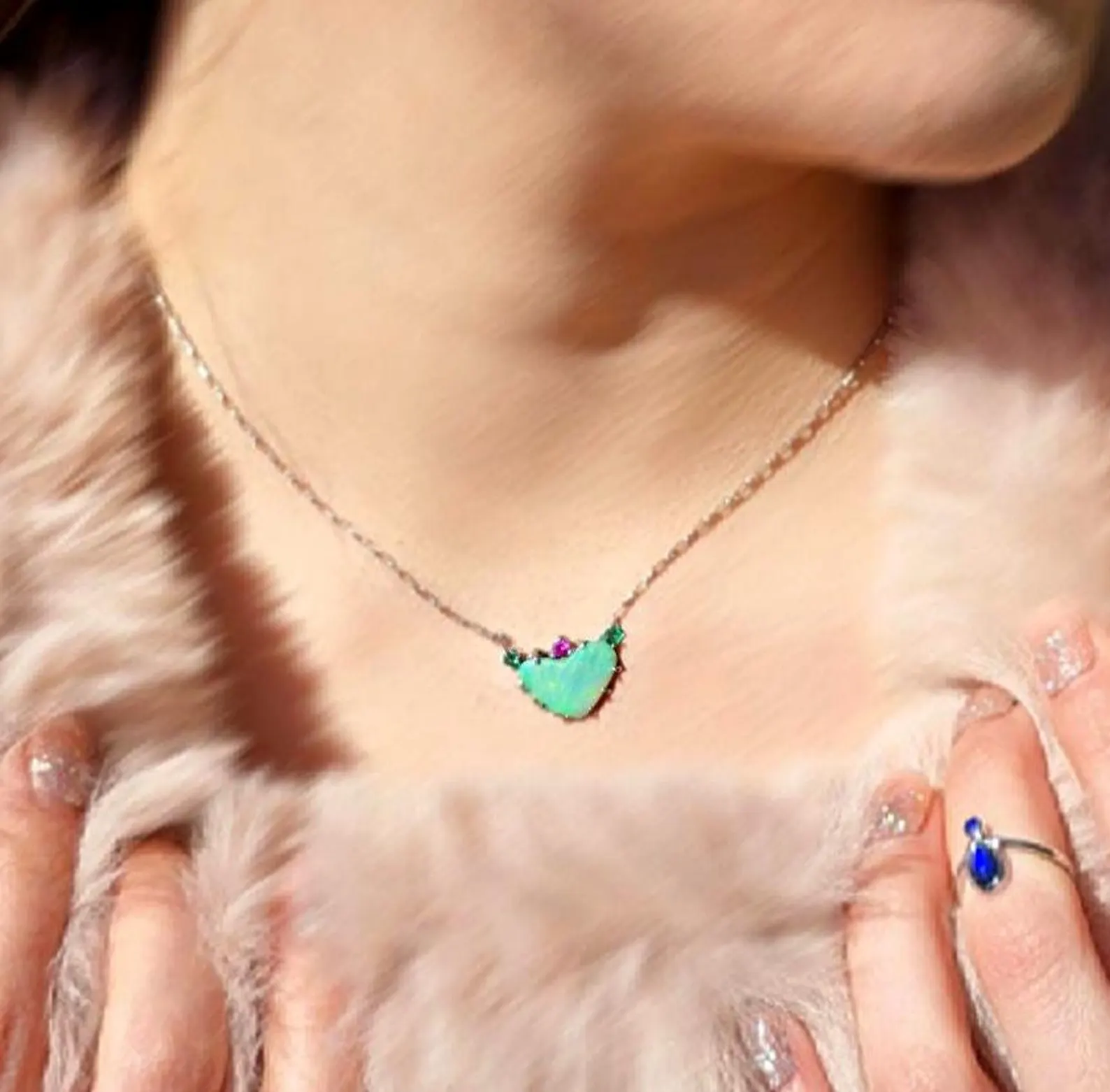Natural Australian Opal Heart Necklace, Emerald Tourmaline 925 Silver, Opal Pendant, Genuine Opal Jewelry, October Birthstone Women Art Deco thumbnail 2