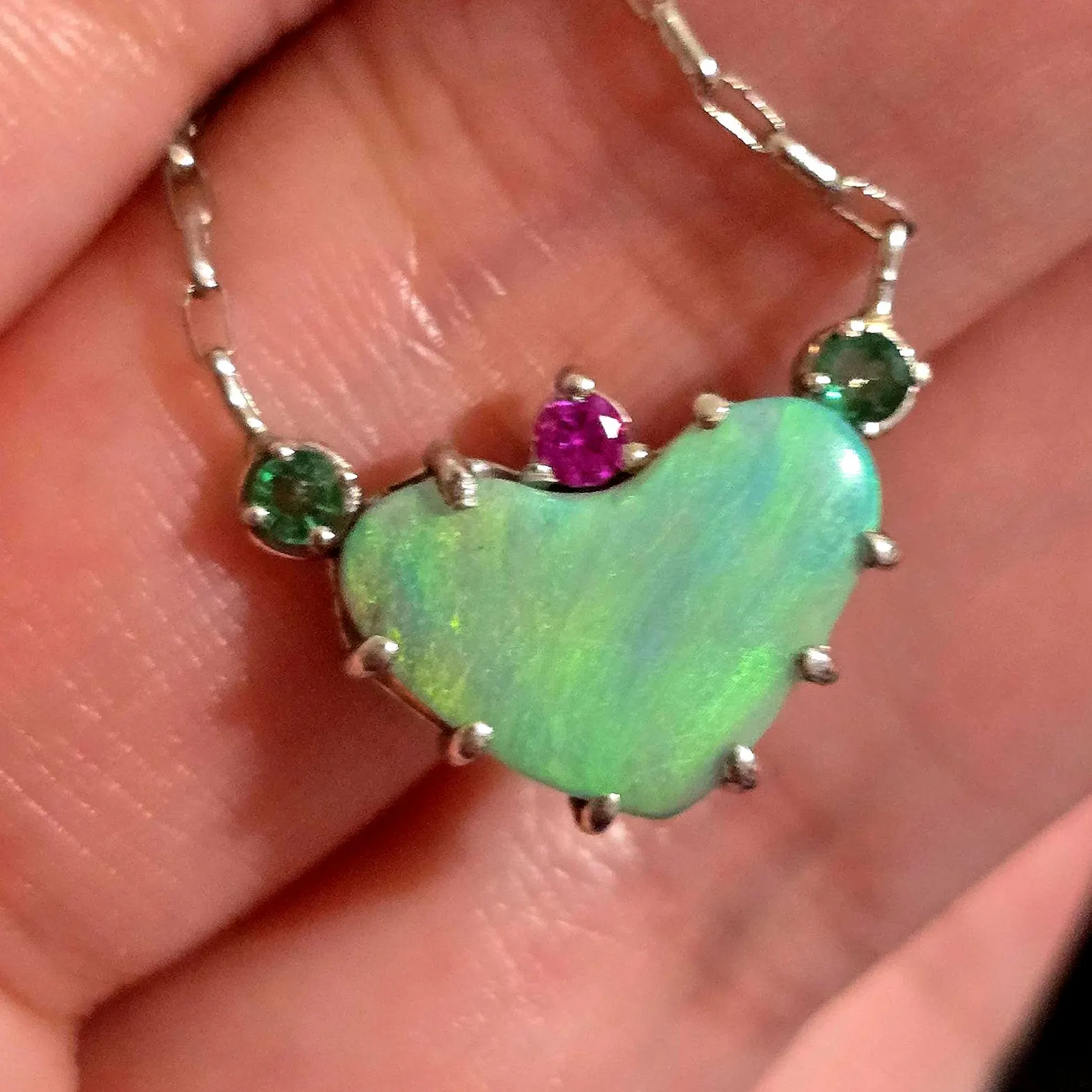Natural Australian Opal Heart Necklace, Emerald Tourmaline 925 Silver, Opal Pendant, Genuine Opal Jewelry, October Birthstone Women Art Deco thumbnail 3