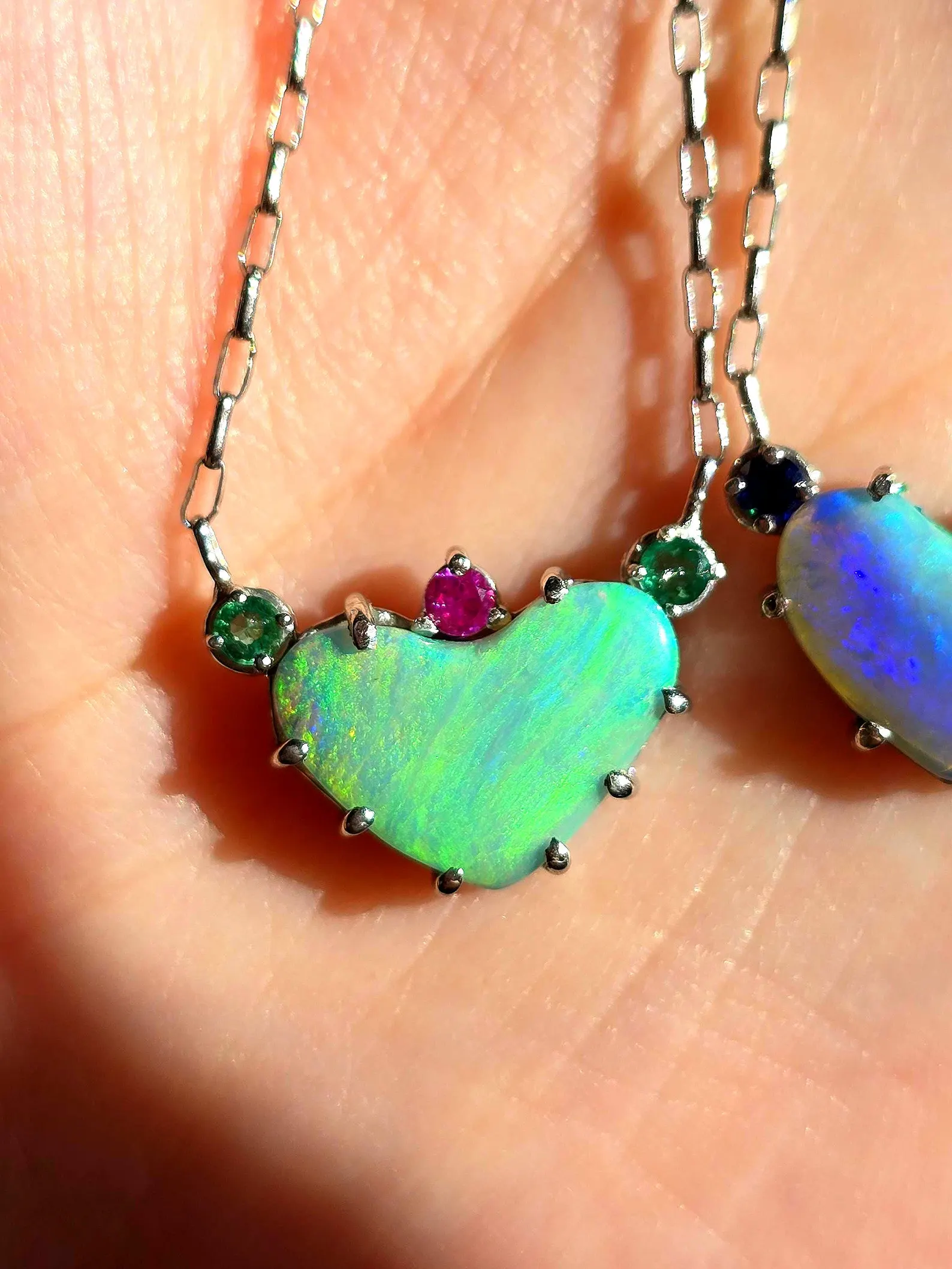 Natural Australian Opal Heart Necklace, Emerald Tourmaline 925 Silver, Opal Pendant, Genuine Opal Jewelry, October Birthstone Women Art Deco thumbnail 4