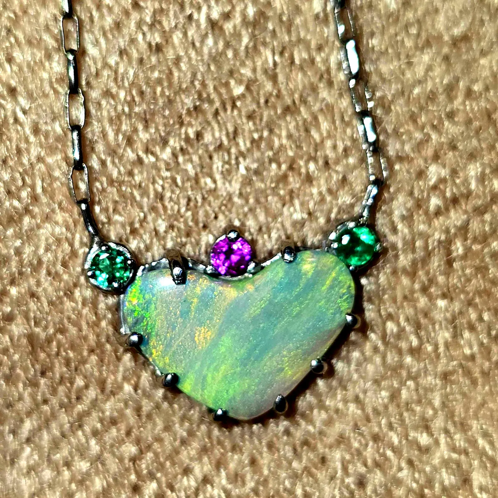 Natural Australian Opal Heart Necklace, Emerald Tourmaline 925 Silver, Opal Pendant, Genuine Opal Jewelry, October Birthstone Women Art Deco thumbnail 6