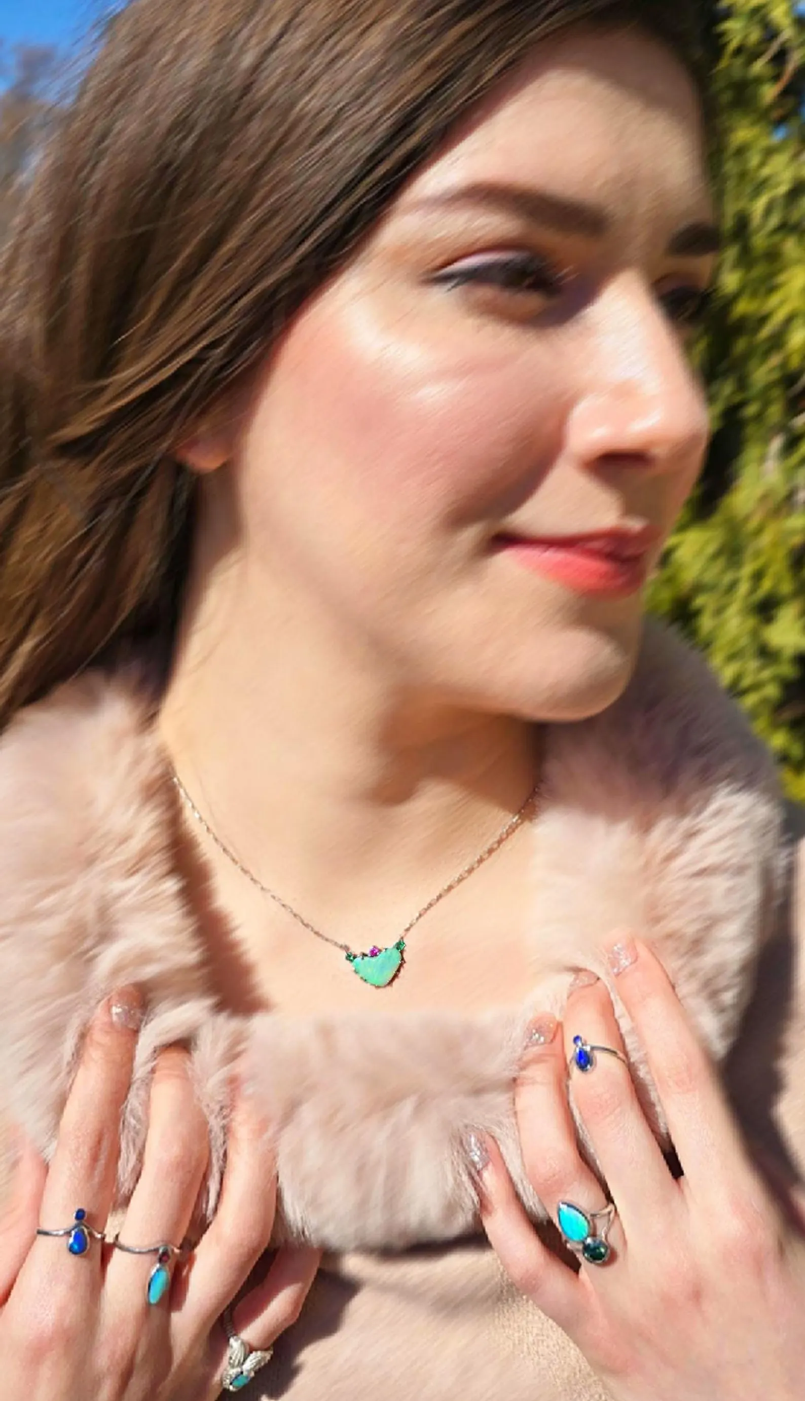 Natural Australian Opal Heart Necklace, Emerald Tourmaline 925 Silver, Opal Pendant, Genuine Opal Jewelry, October Birthstone Women Art Deco thumbnail 7