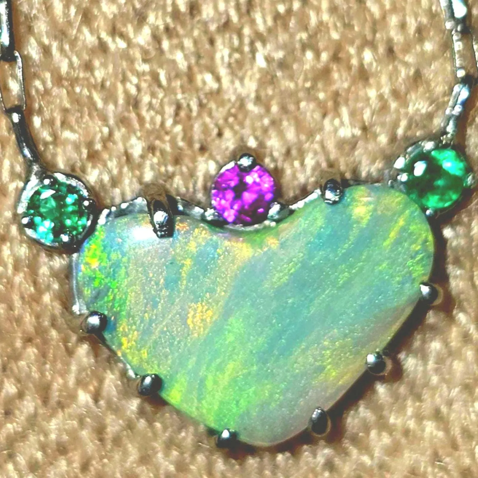 Natural Australian Opal Heart Necklace, Emerald Tourmaline 925 Silver, Opal Pendant, Genuine Opal Jewelry, October Birthstone Women Art Deco thumbnail 8