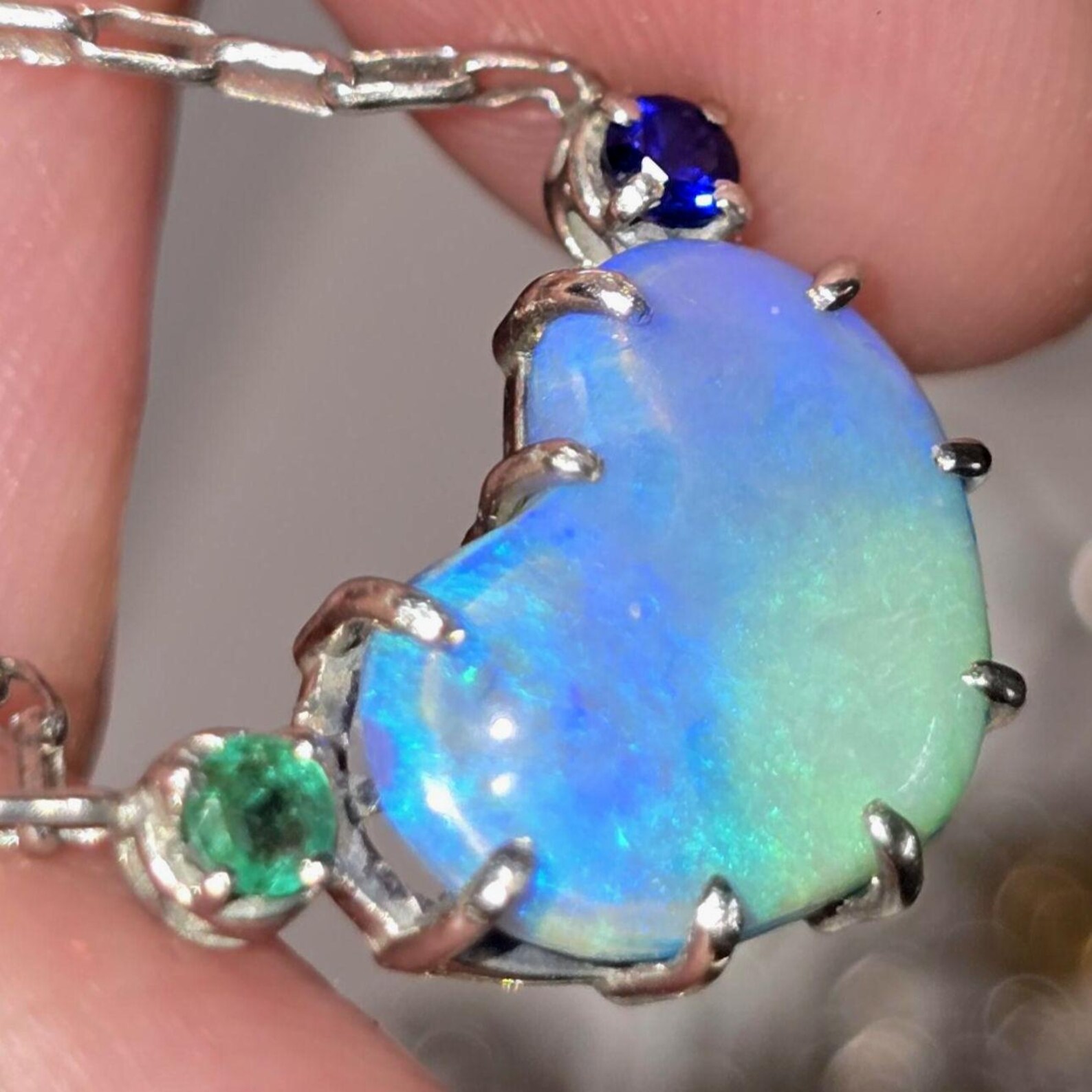 Natural Australian Opal Heart Necklace, Emerald Sapphire 925 Silver Blue Opal Pendant, Genuine Opal Jewelry Birthstone Women Lavender Purple thumbnail 2