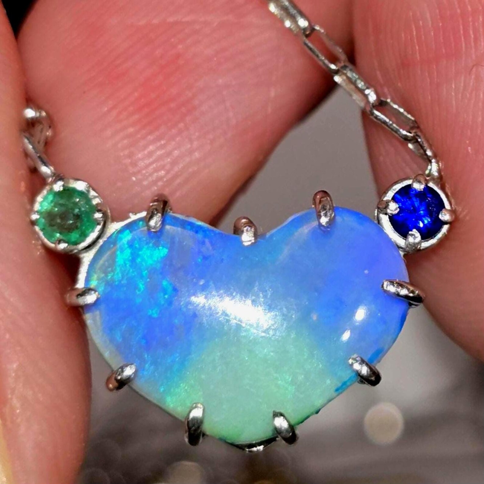 Natural Australian Opal Heart Necklace, Emerald Sapphire 925 Silver Blue Opal Pendant, Genuine Opal Jewelry Birthstone Women Lavender Purple thumbnail 4