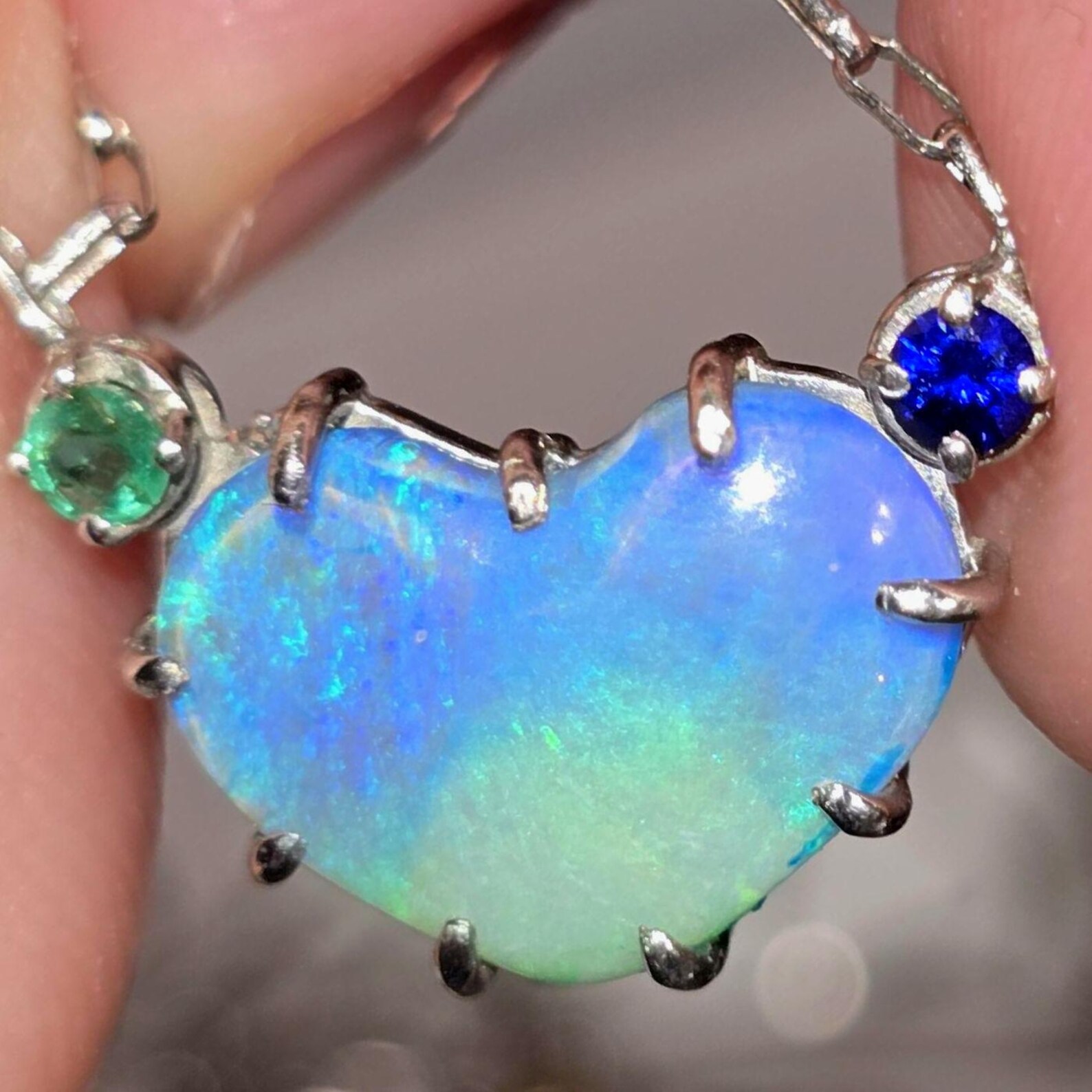 Natural Australian Opal Heart Necklace, Emerald Sapphire 925 Silver Blue Opal Pendant, Genuine Opal Jewelry Birthstone Women Lavender Purple thumbnail 6