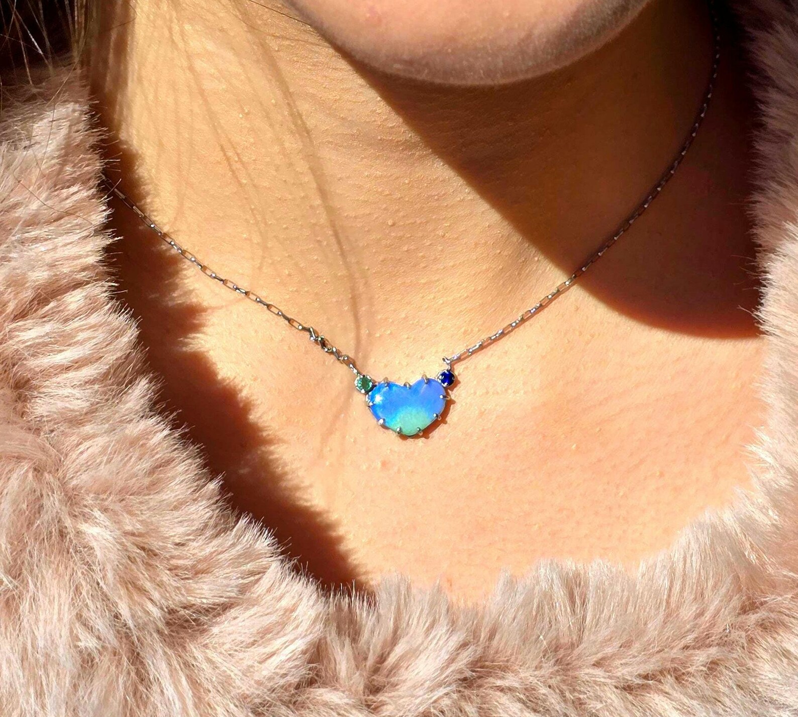 Natural Australian Opal Heart Necklace, Emerald Sapphire 925 Silver Blue Opal Pendant, Genuine Opal Jewelry Birthstone Women Lavender Purple thumbnail 7