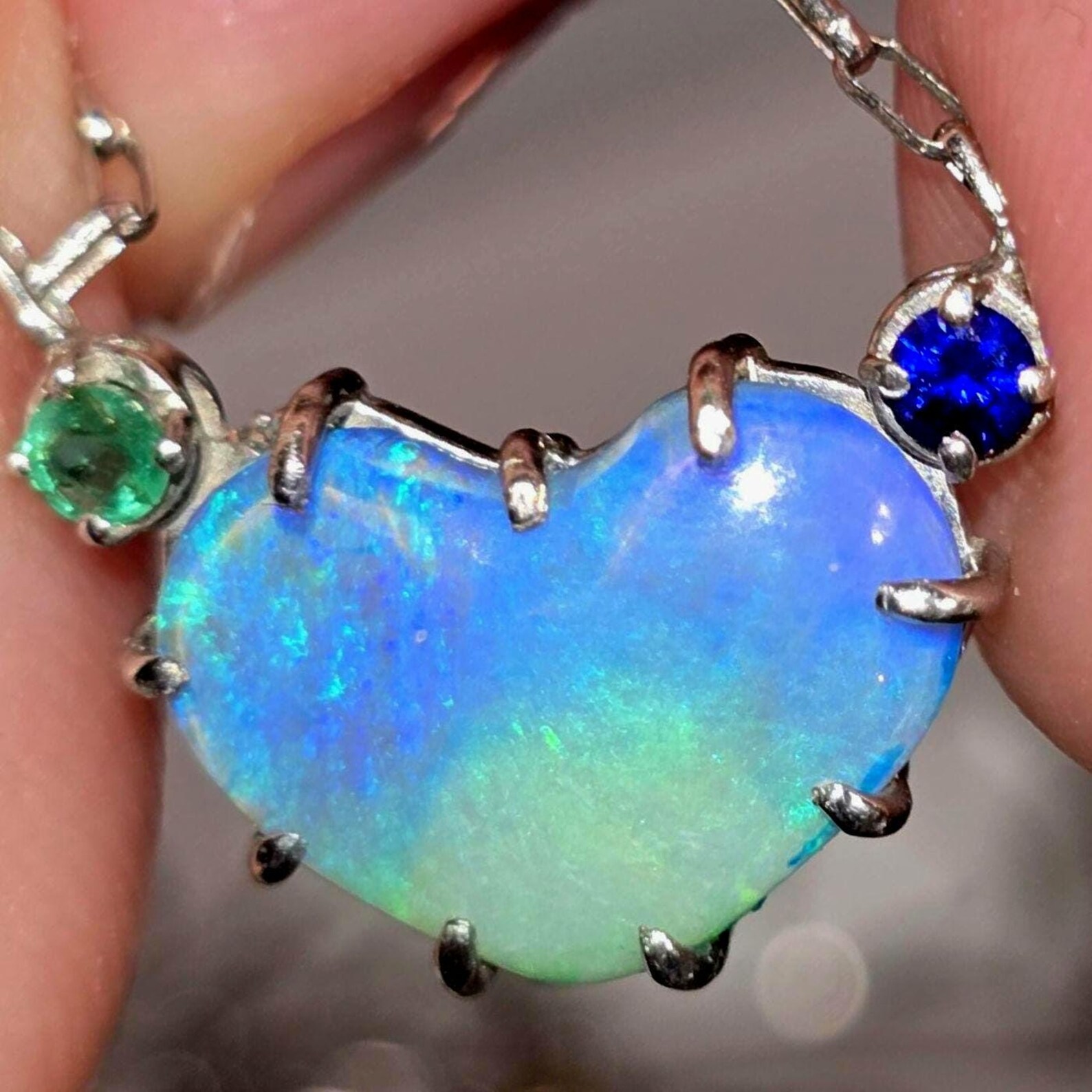 Natural Australian Opal Heart Necklace, Emerald Sapphire 925 Silver Blue Opal Pendant, Genuine Opal Jewelry Birthstone Women Lavender Purple thumbnail 8