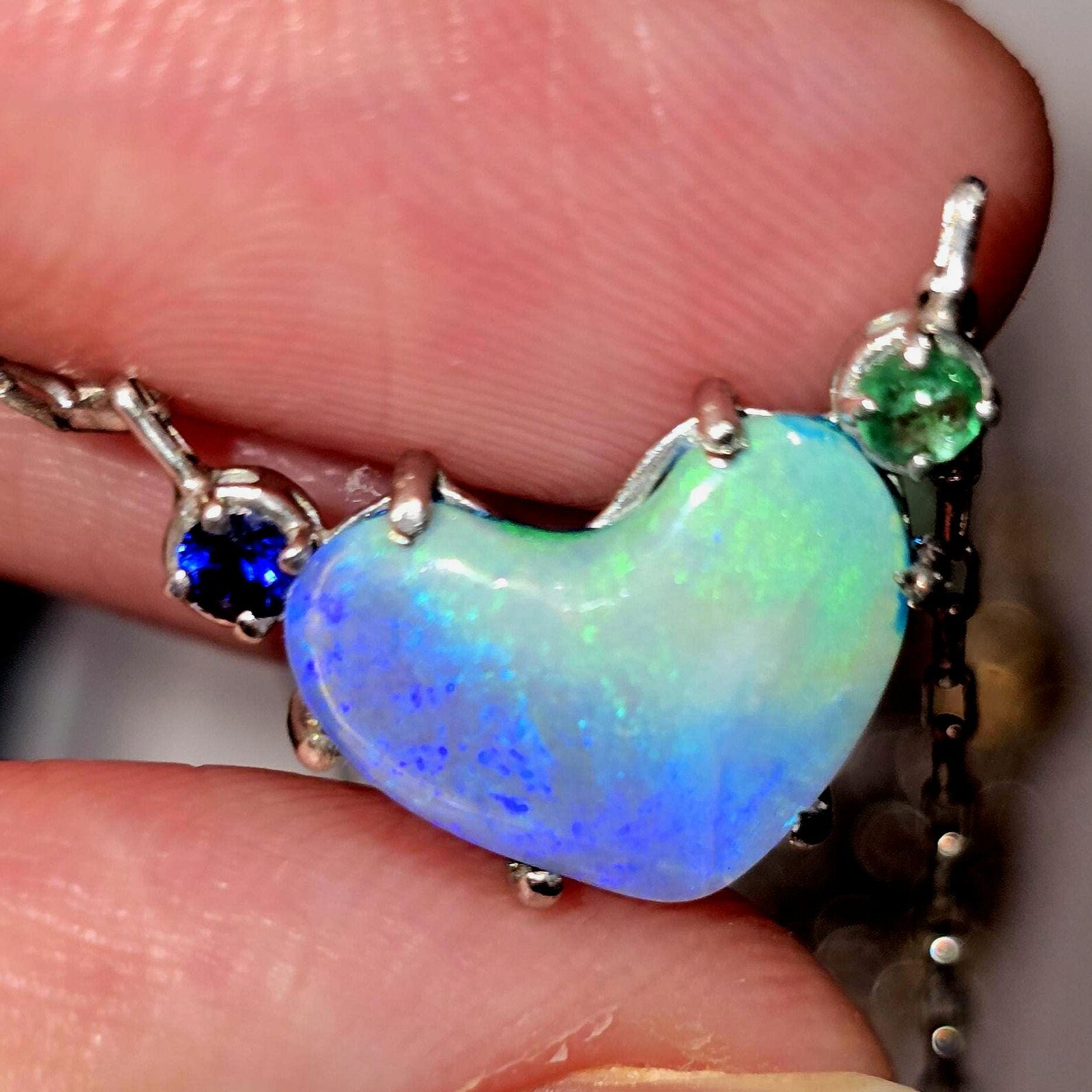 Natural Australian Opal Heart Necklace, Emerald 925 Silver, Purple Opal Pendant, Genuine Opal Jewelry October Birthstone Women Lavender Opal thumbnail 2