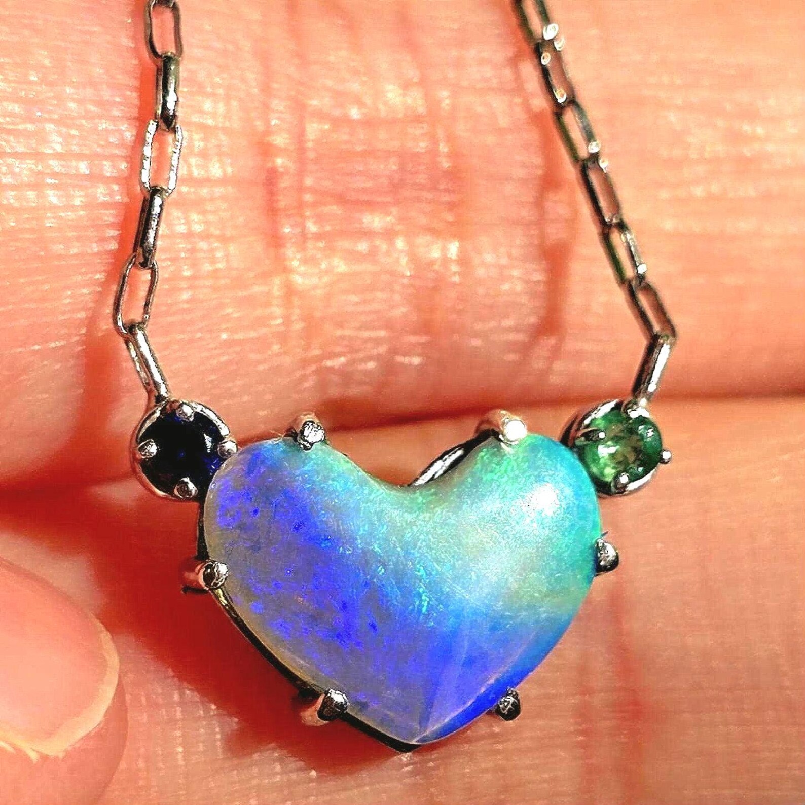 Natural Australian Opal Heart Necklace, Emerald 925 Silver, Purple Opal Pendant, Genuine Opal Jewelry October Birthstone Women Lavender Opal thumbnail 3