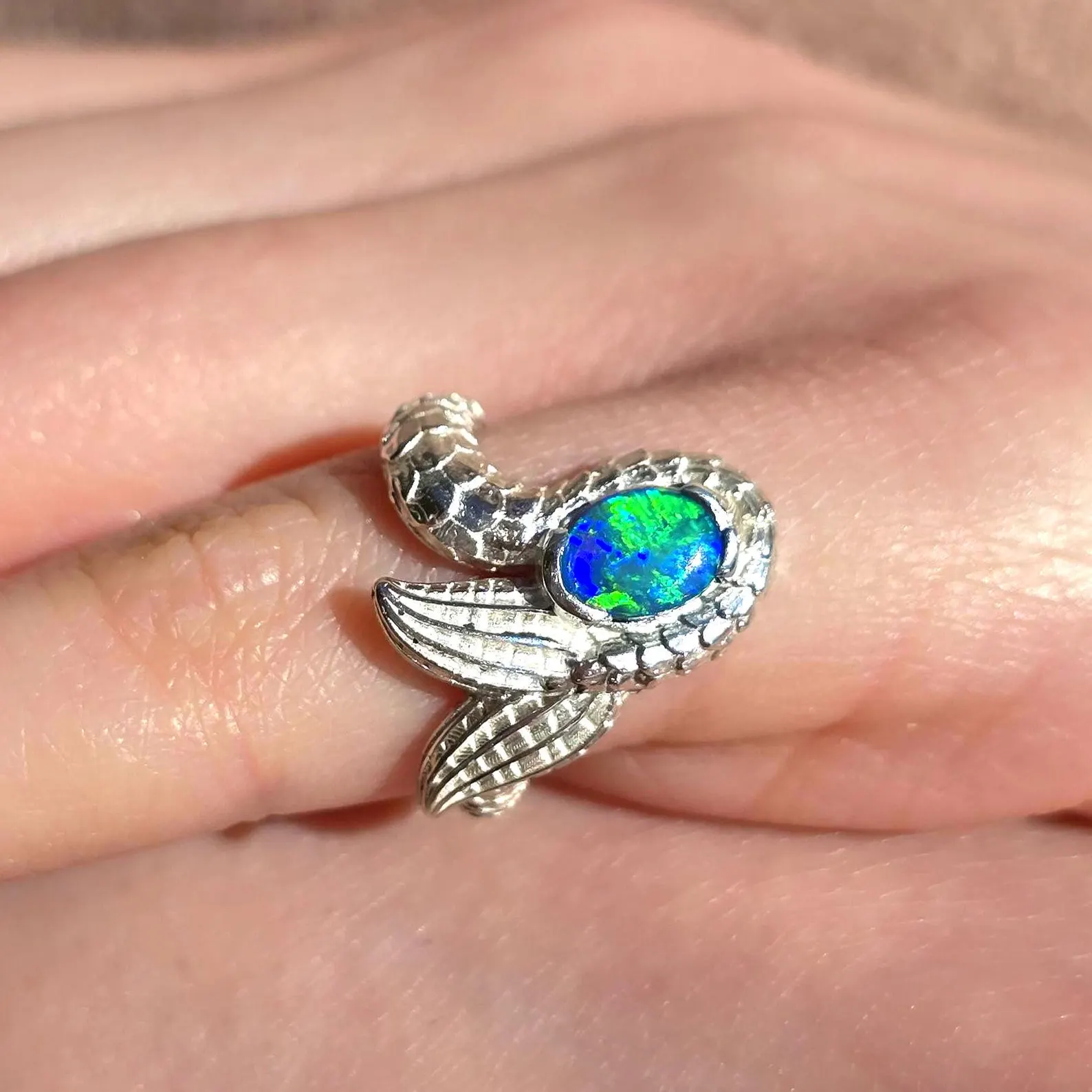 Natural Australian Opal Ring 925 Silver, Mermaid ring, Genuine Black Opal Ring, Blue Unique Women Boho Pinky Midi Stacking ring thumbnail 2