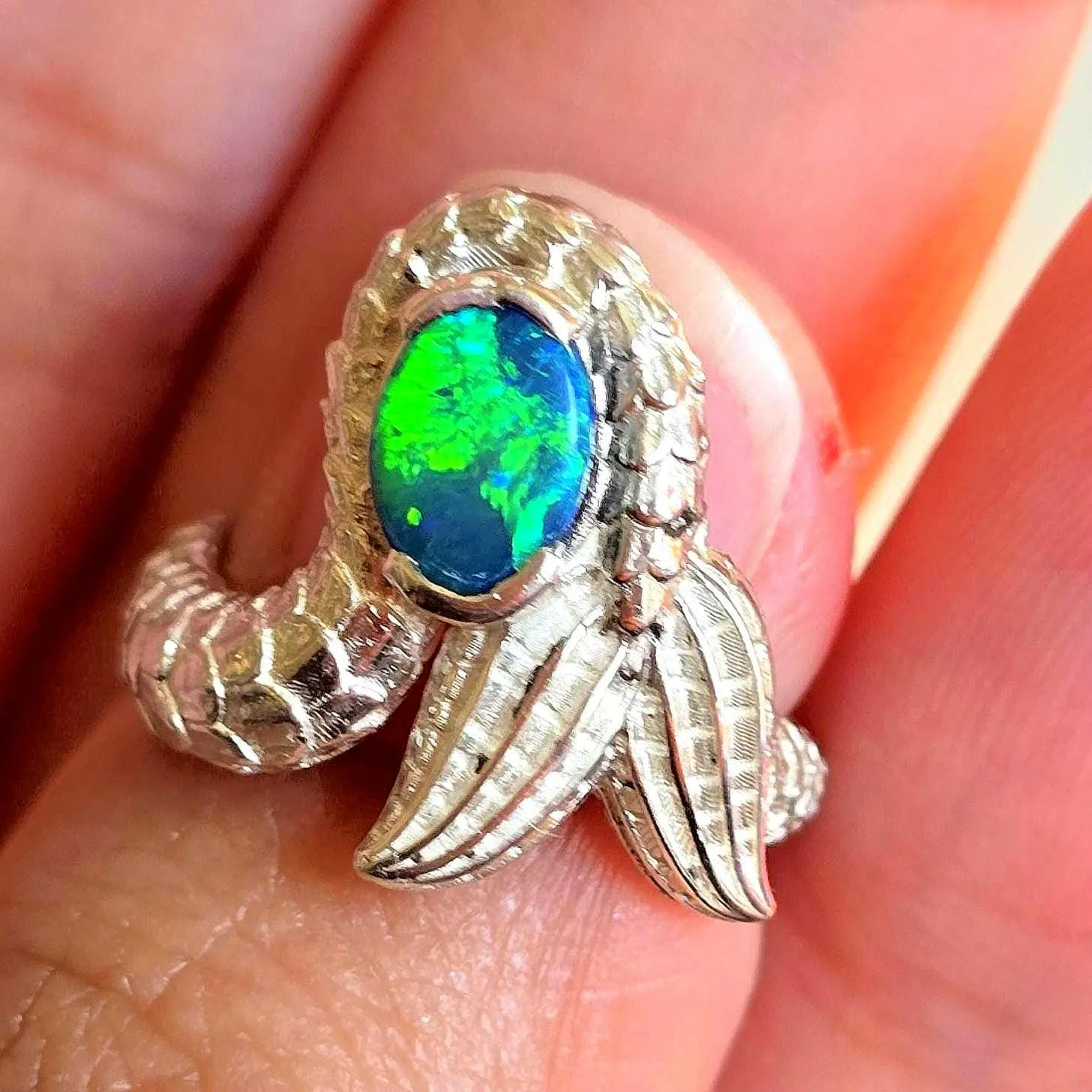 Natural Australian Opal Ring 925 Silver, Mermaid ring, Genuine Black Opal Ring, Blue Unique Women Boho Pinky Midi Stacking ring thumbnail 4