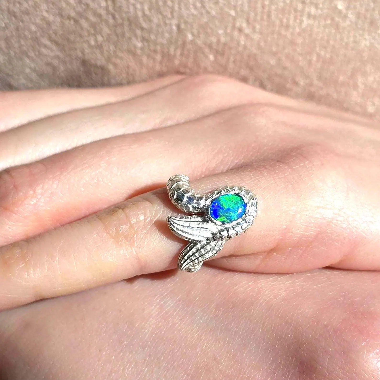 Natural Australian Opal Ring 925 Silver, Mermaid ring, Genuine Black Opal Ring, Blue Unique Women Boho Pinky Midi Stacking ring thumbnail 10