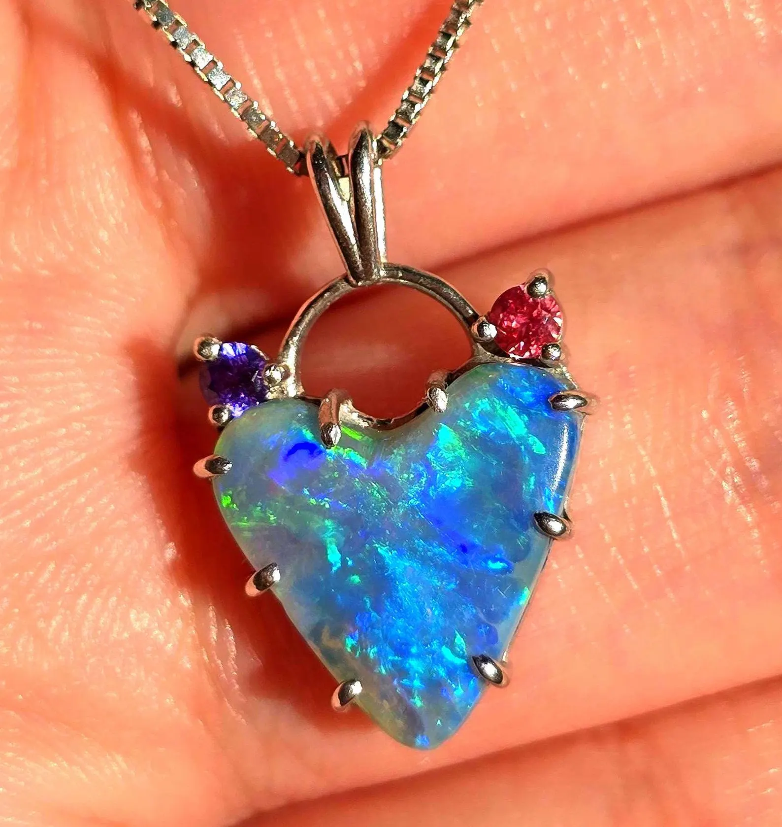 Natural Australian Opal Heart Necklace, Sapphire 925 Silver Blue Opal Pendant thumbnail 7