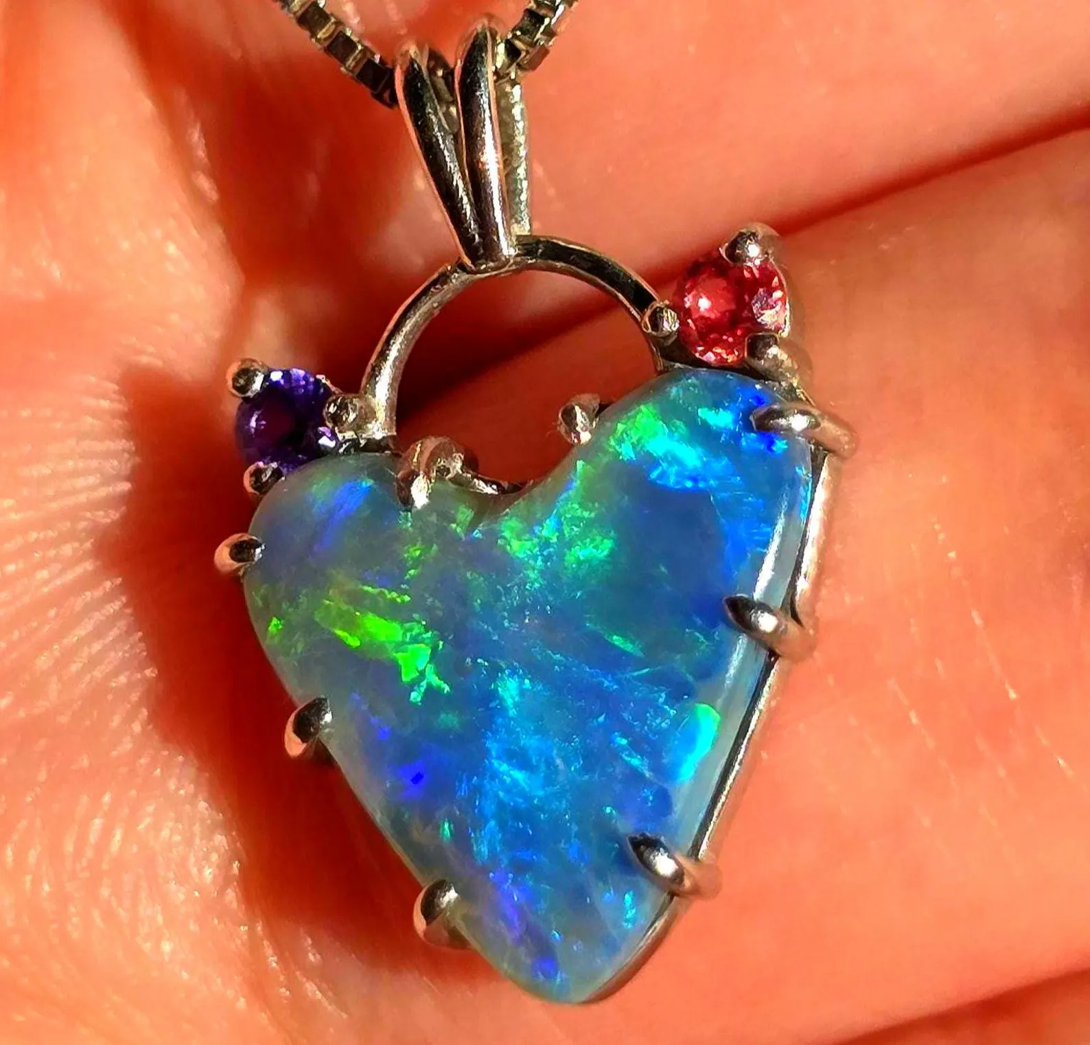 Natural Australian Opal Heart Necklace, Sapphire 925 Silver Blue Opal Pendant thumbnail 5
