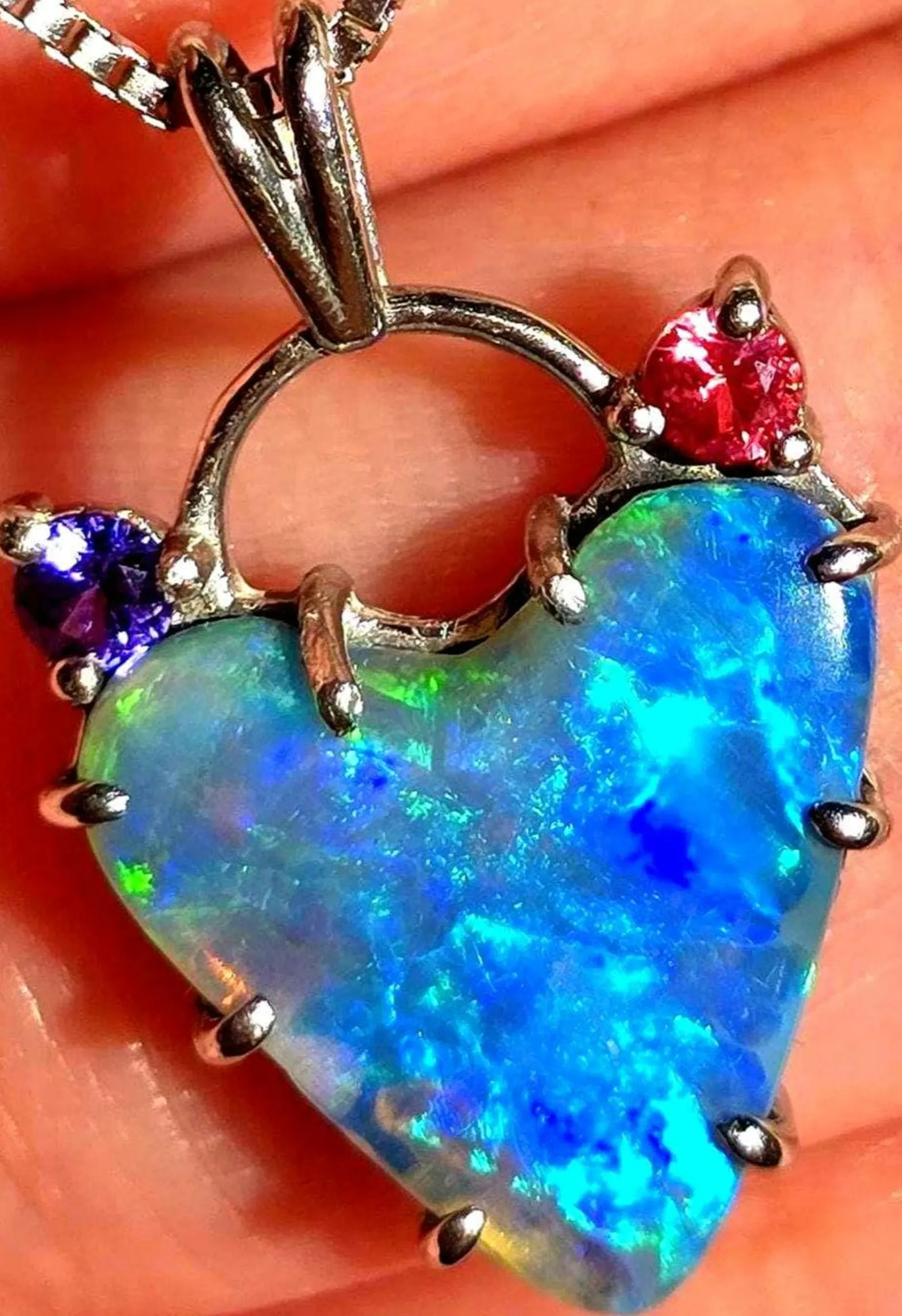 Natural Australian Opal Heart Necklace, Sapphire 925 Silver Blue Opal Pendant thumbnail 3