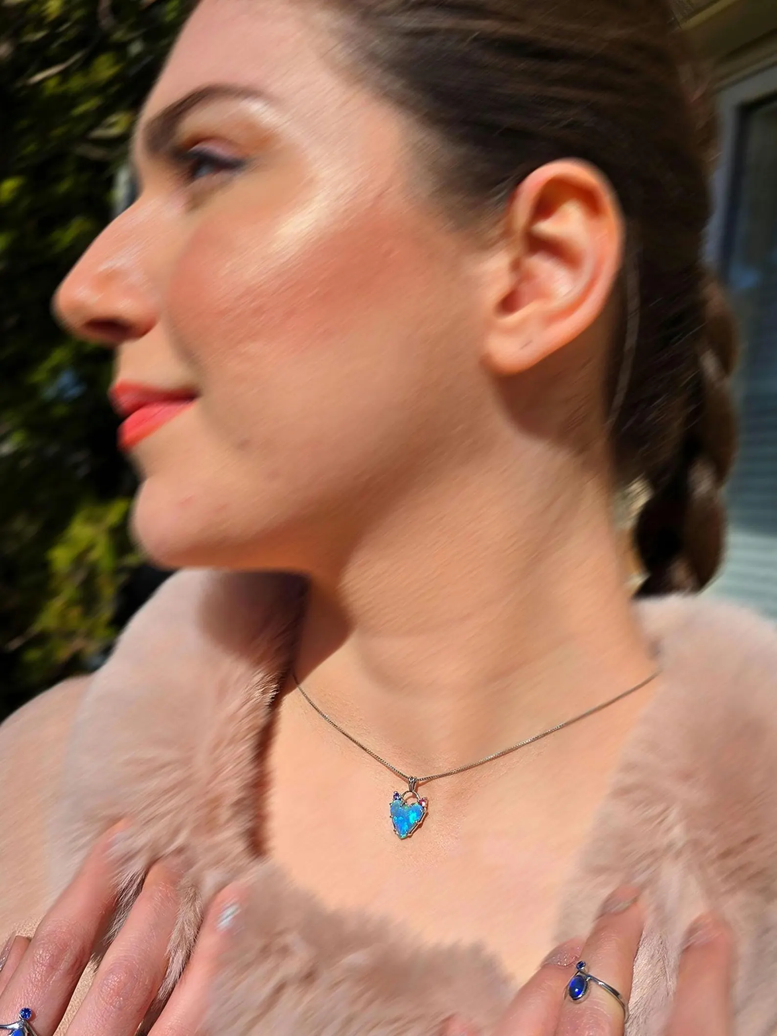 Natural Australian Opal Heart Necklace, Sapphire 925 Silver Blue Opal Pendant thumbnail 2