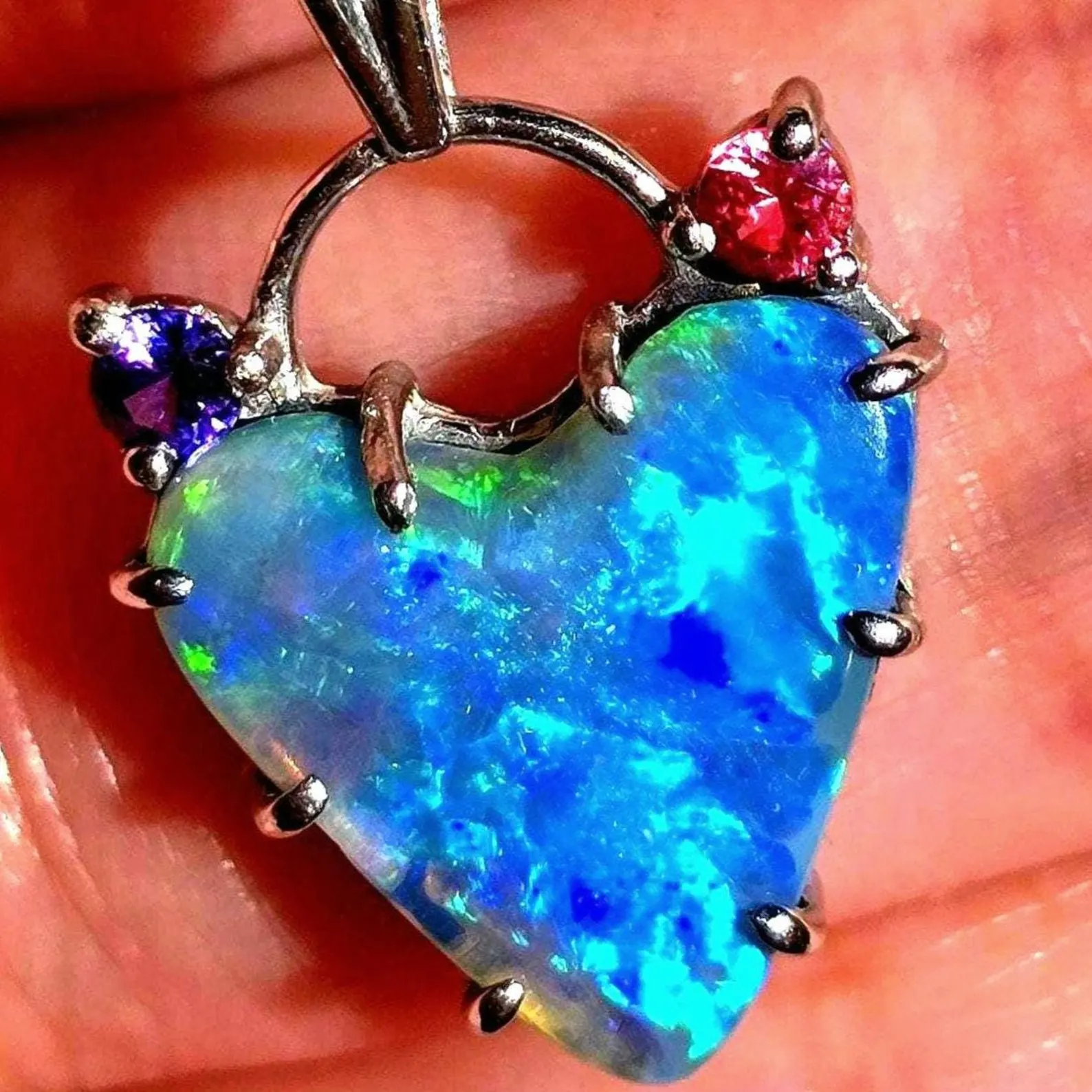 Natural Australian Opal Heart Necklace, Sapphire 925 Silver Blue Opal Pendant
