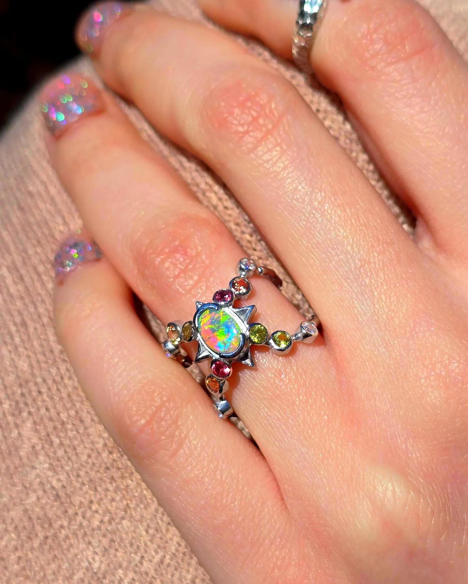 Natural Australian Opal Ring, 925 Silver, Sapphire, Size 5.75  thumbnail 2