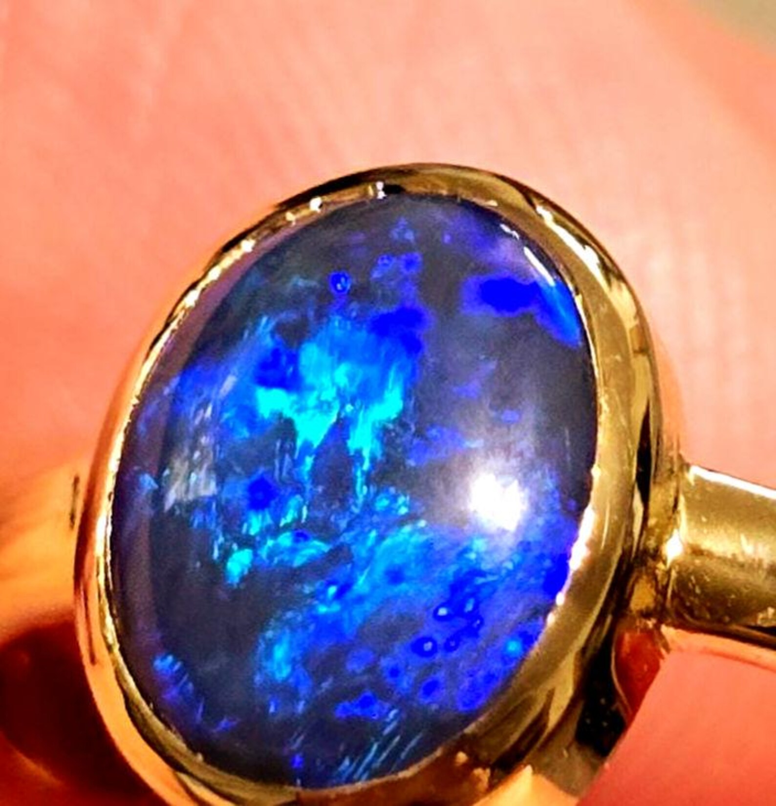 NEON Solid 9k Gold Natural Australian Black Opal Ring,  thumbnail 6