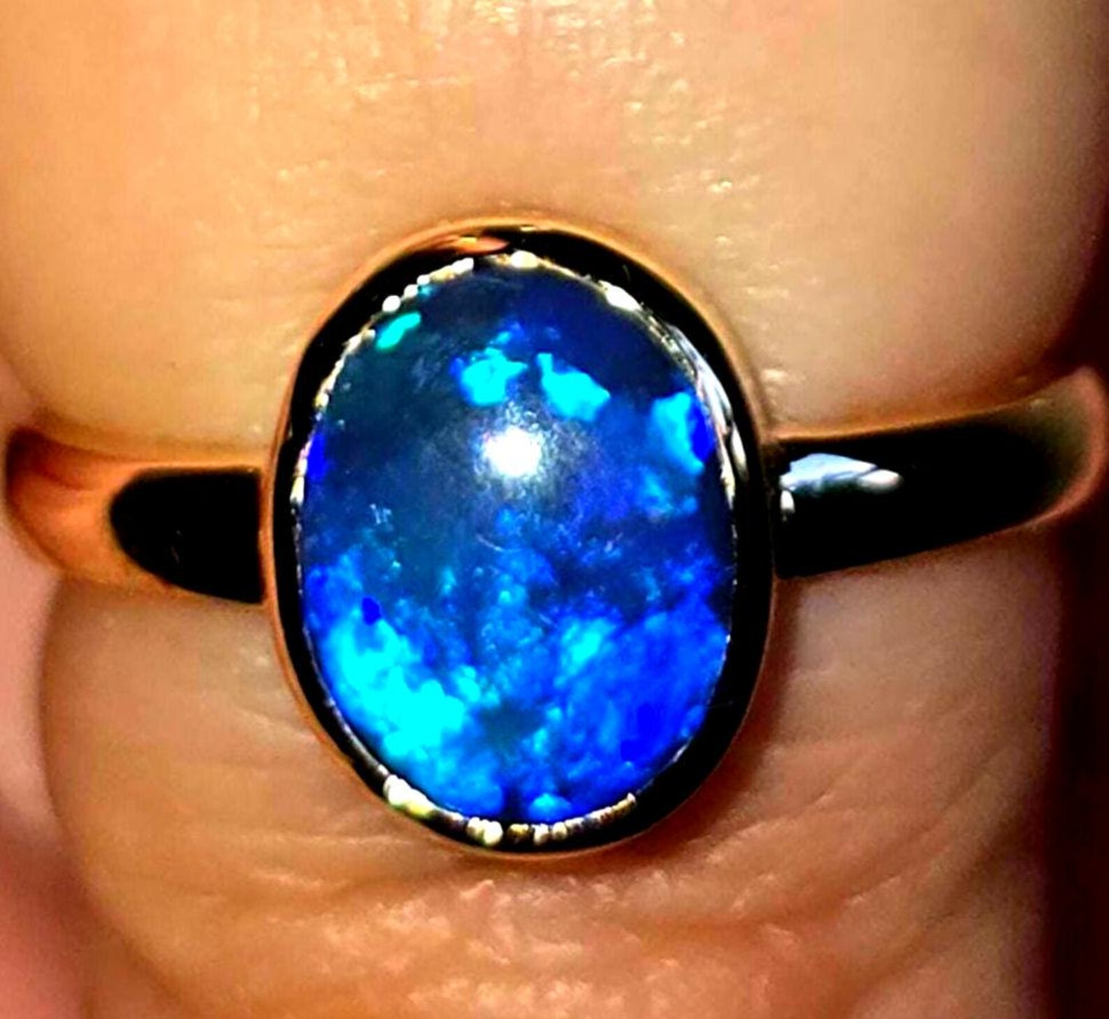 NEON Solid 9k Gold Natural Australian Black Opal Ring,  thumbnail 4