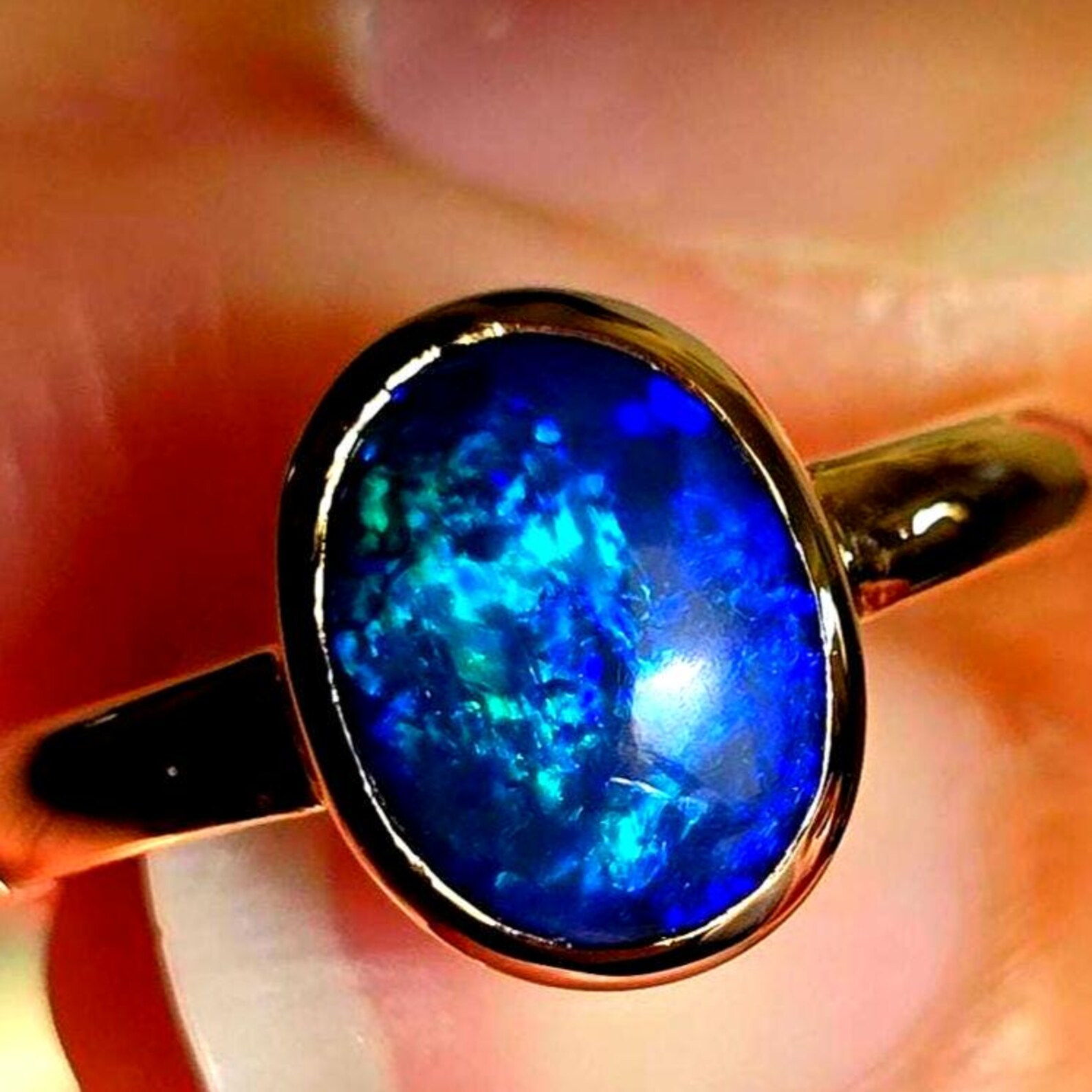 NEON Solid 9k Gold Natural Australian Black Opal Ring,  thumbnail 8