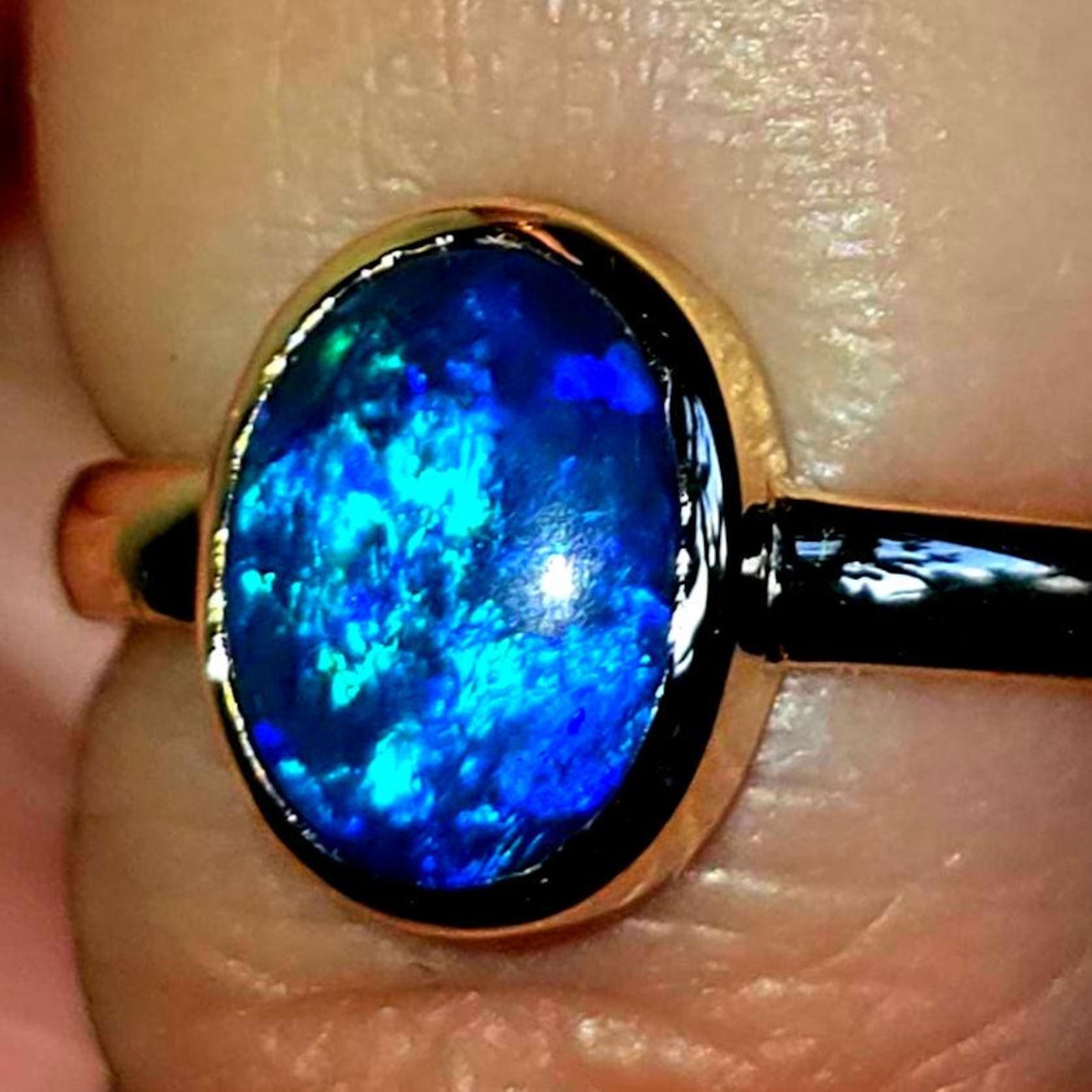 NEON Solid 9k Gold Natural Australian Black Opal Ring,  thumbnail 2