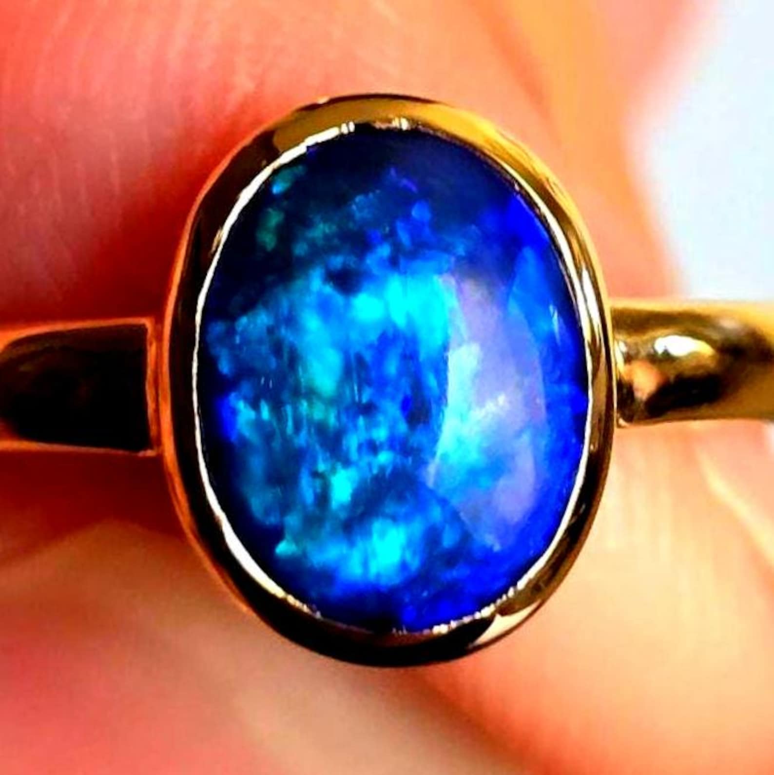 NEON Solid 9k Gold Natural Australian Black Opal Ring,  thumbnail 3