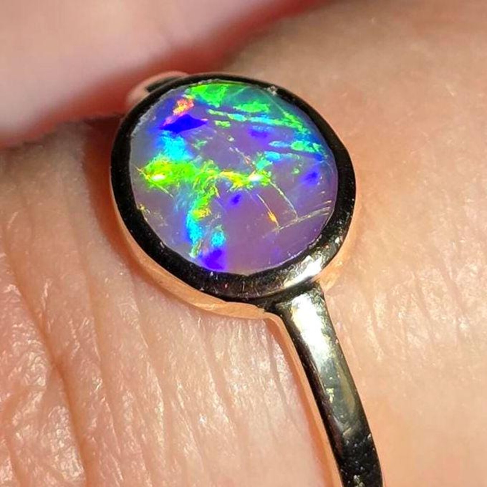 NEON Solid 9k Gold Natural Australian Opal Ring Size 4, Genuine Black Opal Ring, Fine Gold Opal Ring Jewelry Birthstone Engagement ring thumbnail 11