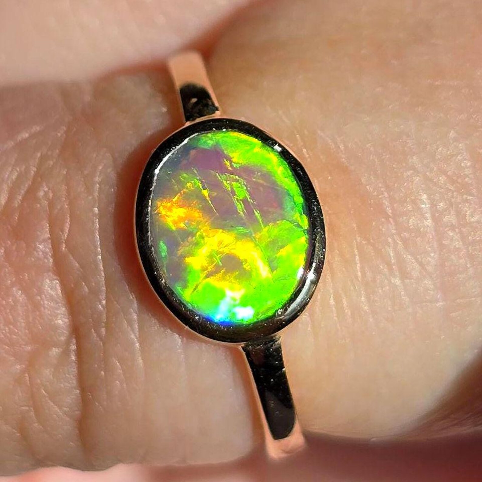 NEON Solid 9k Gold Natural Australian Opal Ring Size 4, Genuine Black Opal Ring, Fine Gold Opal Ring Jewelry Birthstone Engagement ring thumbnail 19