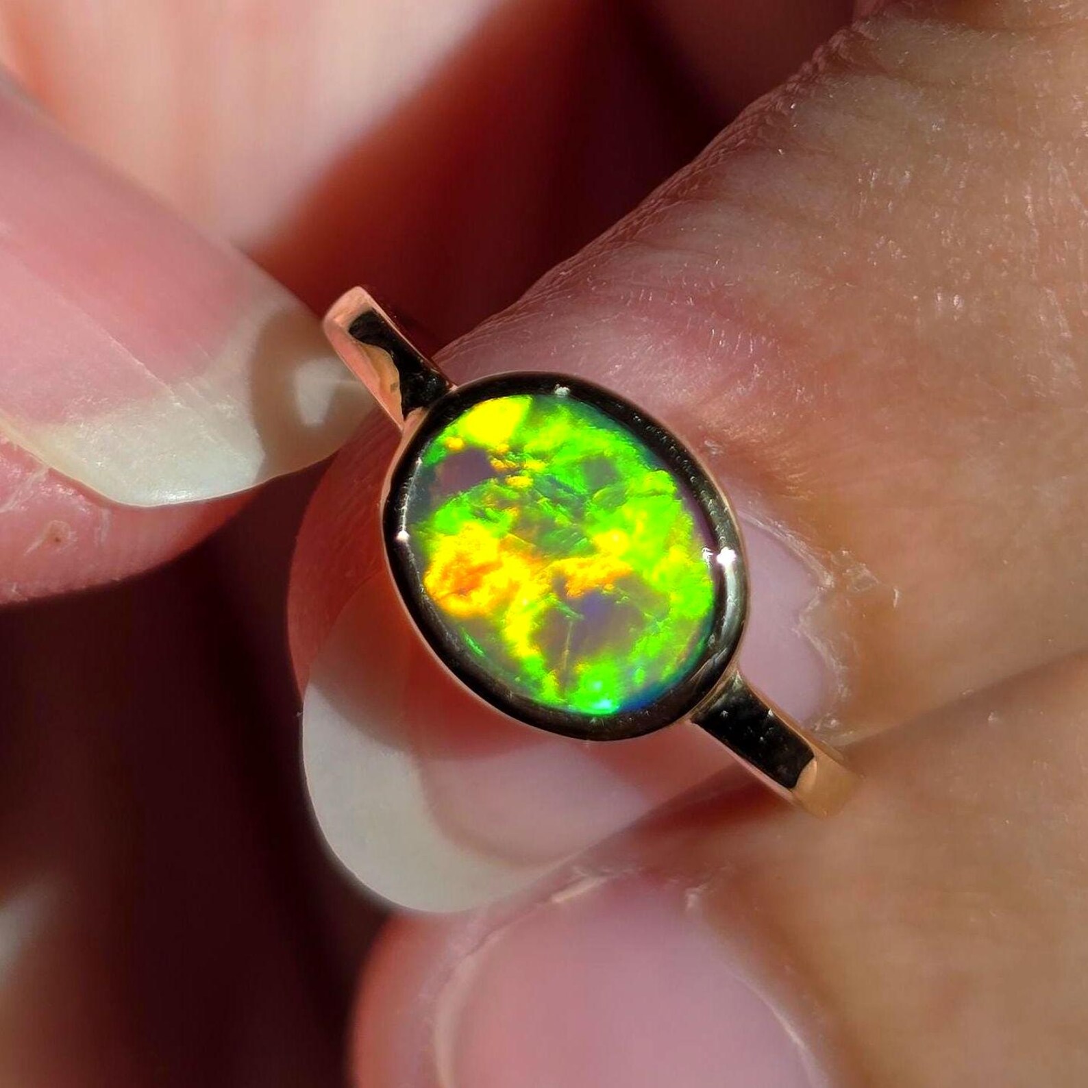 NEON Solid 9k Gold Natural Australian Opal Ring Size 4, Genuine Black Opal Ring, Fine Gold Opal Ring Jewelry Birthstone Engagement ring thumbnail 4
