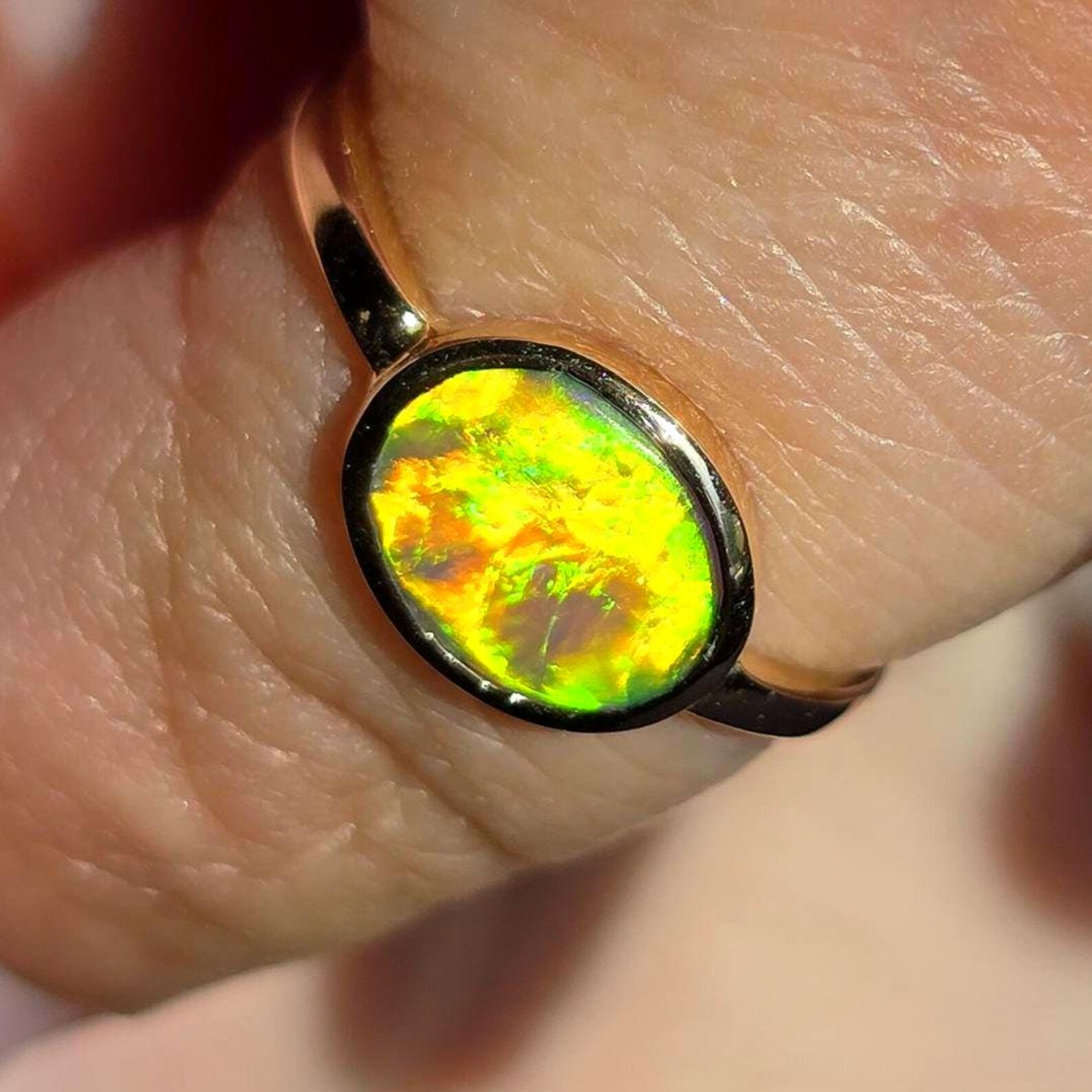NEON Solid 9k Gold Natural Australian Opal Ring Size 4, Genuine Black Opal Ring, Fine Gold Opal Ring Jewelry Birthstone Engagement ring thumbnail 3