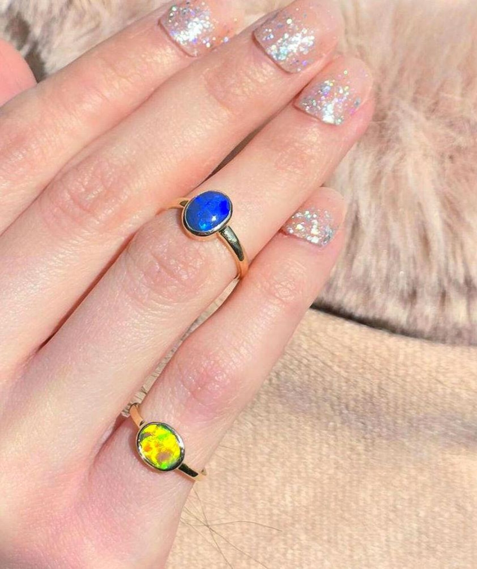 NEON Solid 9k Gold Natural Australian Opal Ring Size 4, Genuine Black Opal Ring, Fine Gold Opal Ring Jewelry Birthstone Engagement ring thumbnail 2