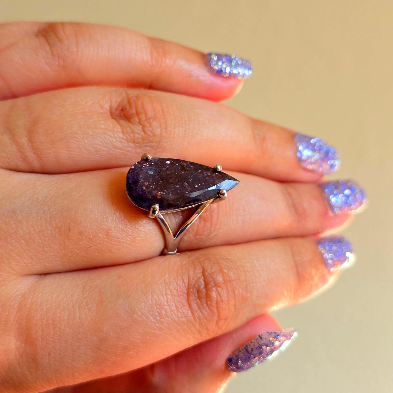 Luxe Iolite Bloodshot Hematite Ring 925 Silver Meteor Shower Natural Statement Rare Multicolor Starry Galaxy Celestial Sunstone Purple Women thumbnail 7