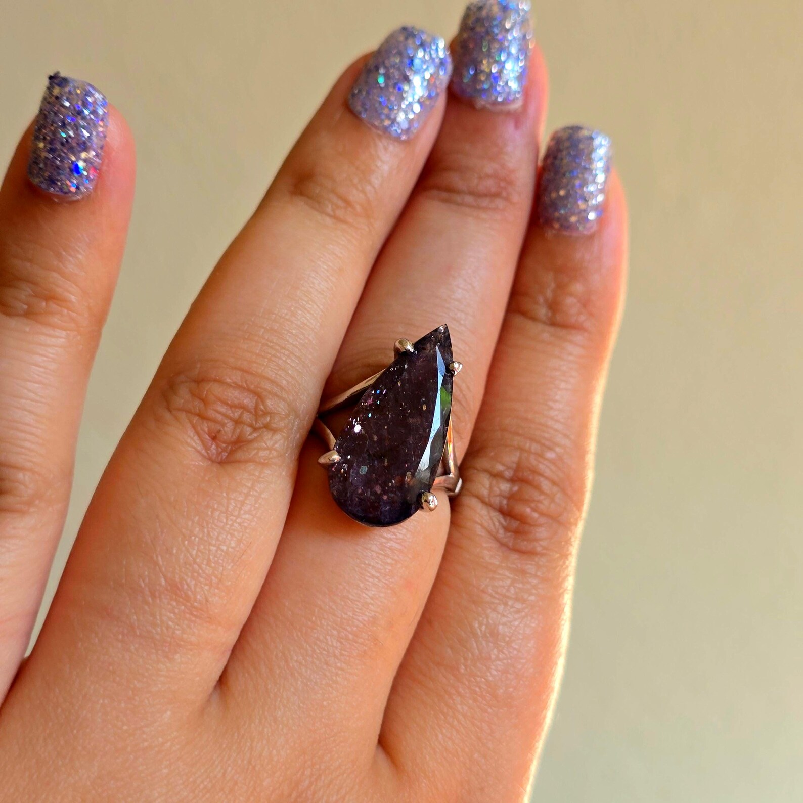 Luxe Iolite Bloodshot Hematite Ring 925 Silver Meteor Shower Natural Statement Rare Multicolor Starry Galaxy Celestial Sunstone Purple Women thumbnail 14