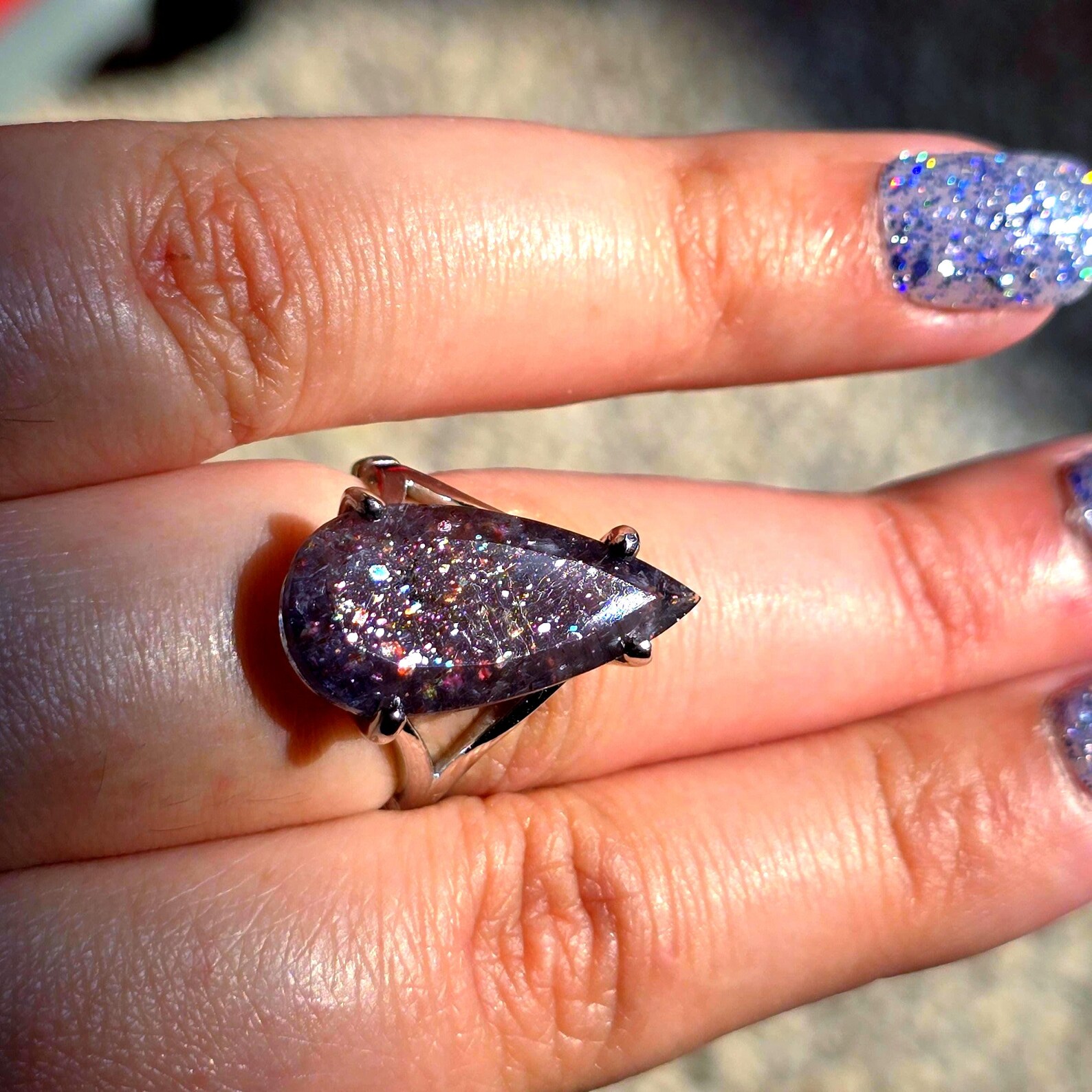 Luxe Iolite Bloodshot Hematite Ring 925 Silver Meteor Shower Natural Statement Rare Multicolor Starry Galaxy Celestial Sunstone Purple Women thumbnail 5