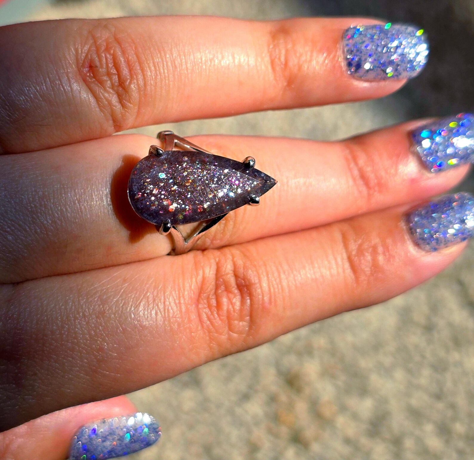 Luxe Iolite Bloodshot Hematite Ring 925 Silver Meteor Shower Natural Statement Rare Multicolor Starry Galaxy Celestial Sunstone Purple Women thumbnail 4