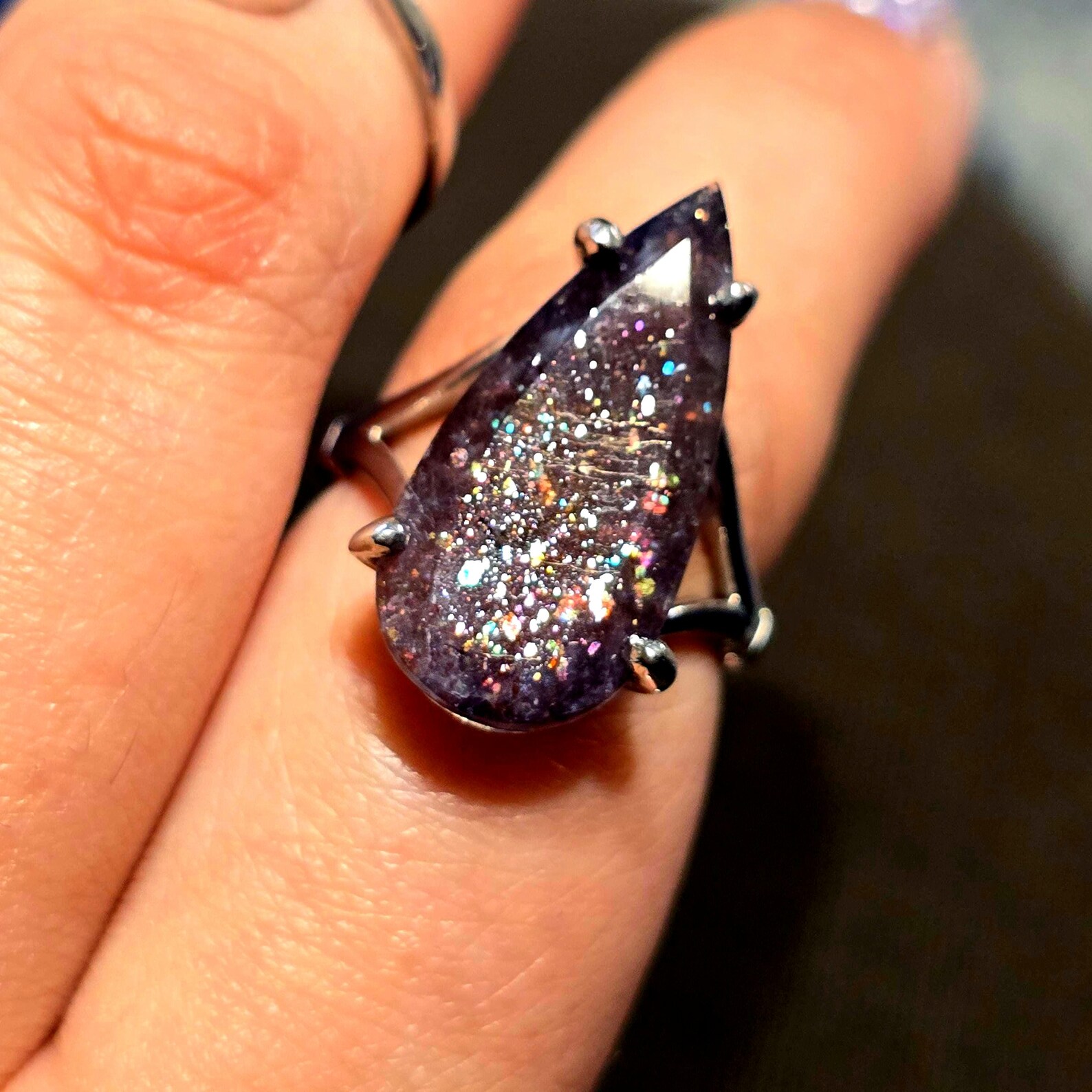 Luxe Iolite Bloodshot Hematite Ring 925 Silver Meteor Shower Natural Statement Rare Multicolor Starry Galaxy Celestial Sunstone Purple Women thumbnail 6
