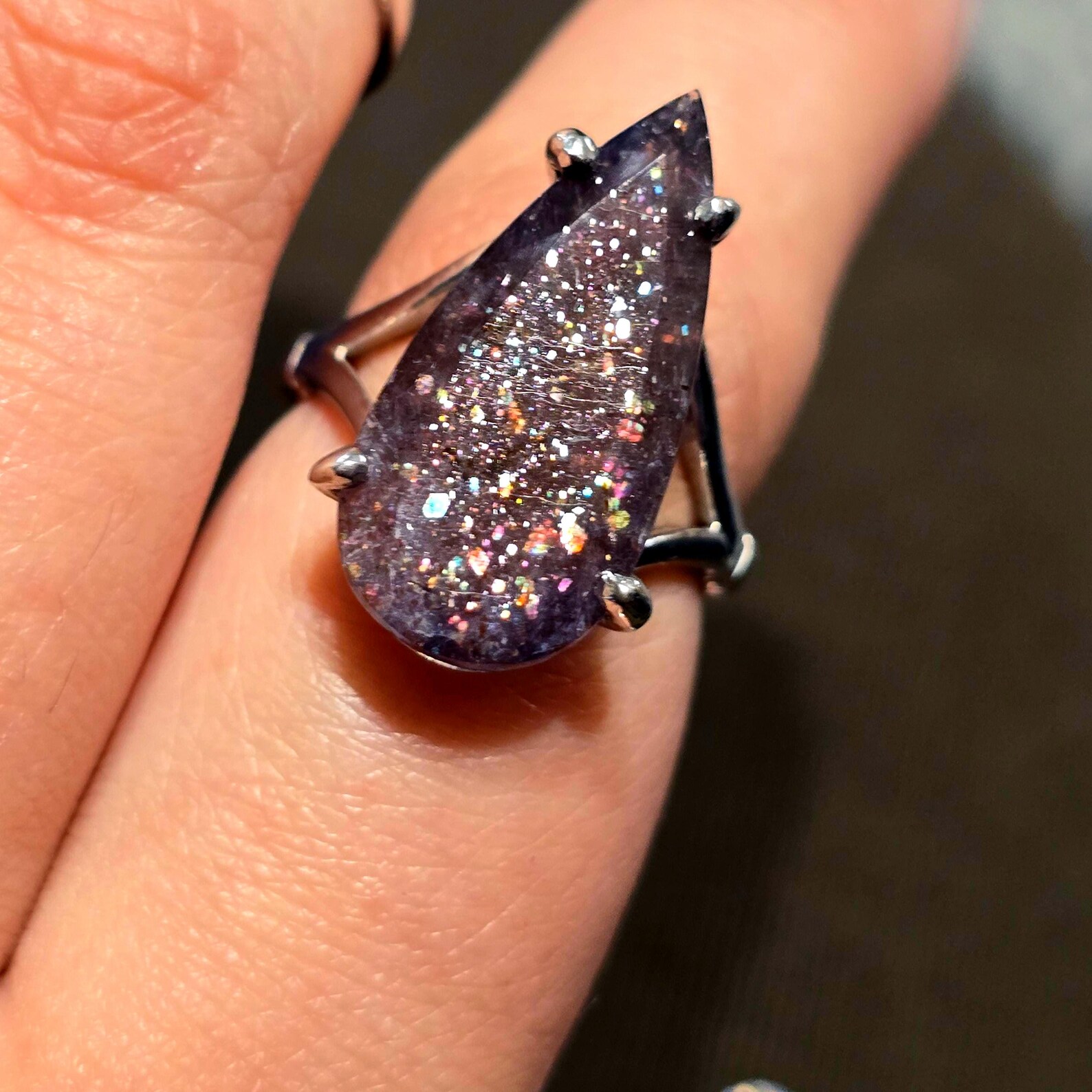 Luxe Iolite Bloodshot Hematite Ring 925 Silver Meteor Shower Natural Statement Rare Multicolor Starry Galaxy Celestial Sunstone Purple Women thumbnail 2
