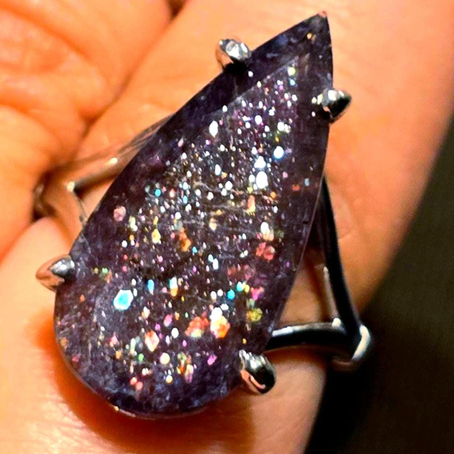 Luxe Iolite Bloodshot Hematite Ring 925 Silver Meteor Shower Natural Statement Rare Multicolor Starry Galaxy Celestial Sunstone Purple Women