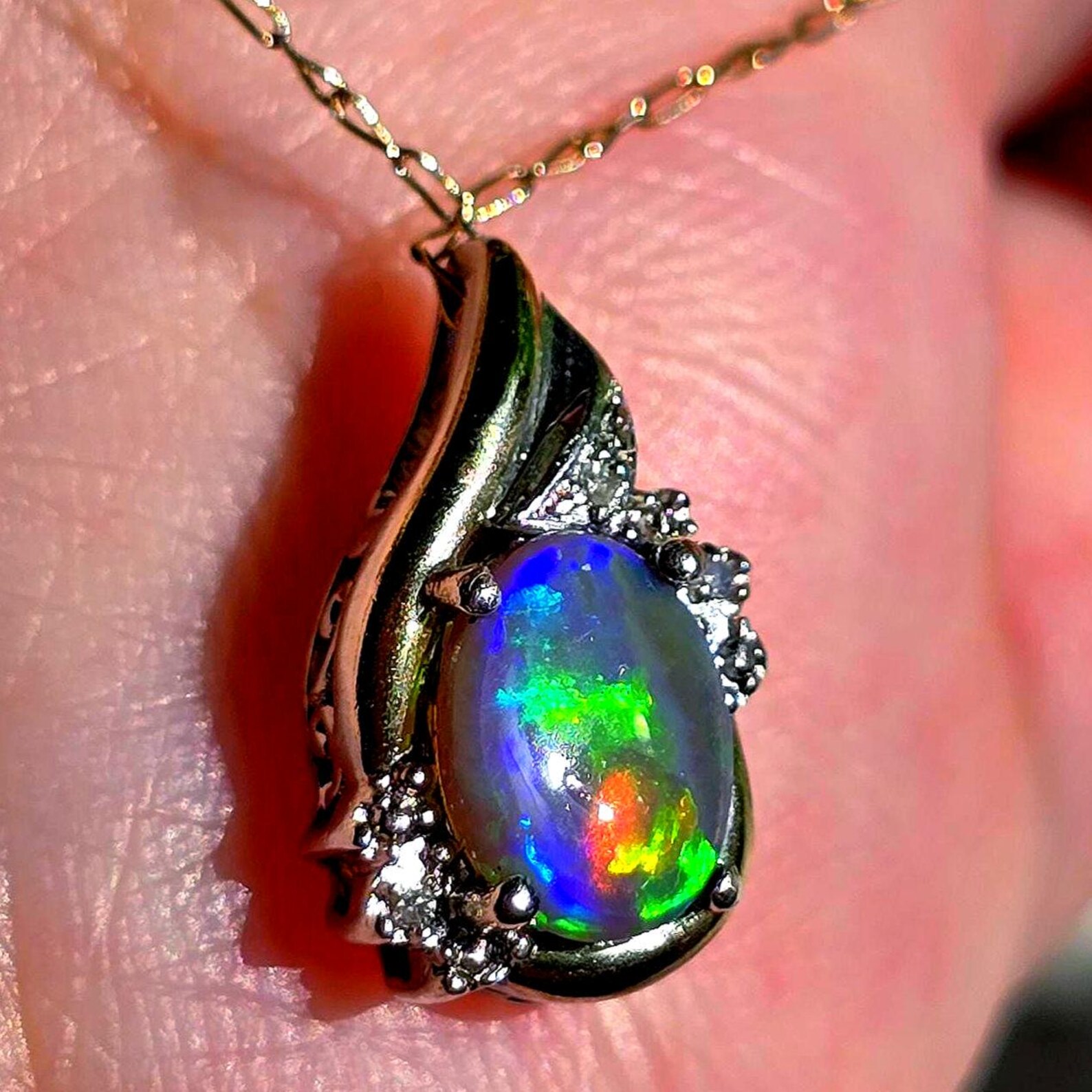 Lightning bolt - NEON Solid 10k Gold Natural Australian Opal Necklace thumbnail 14