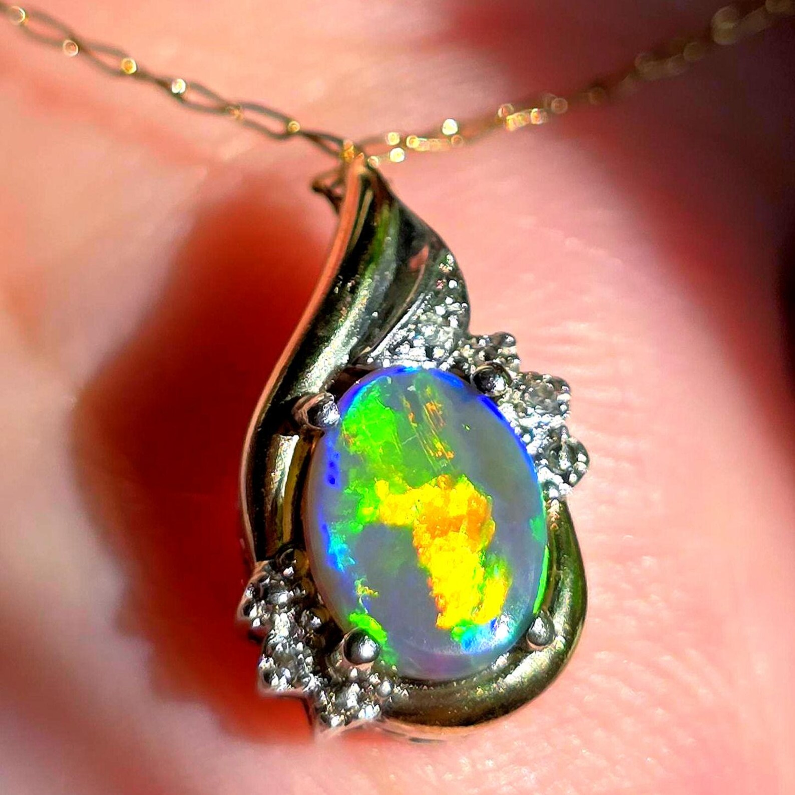 Lightning bolt - NEON Solid 10k Gold Natural Australian Opal Necklace thumbnail 17
