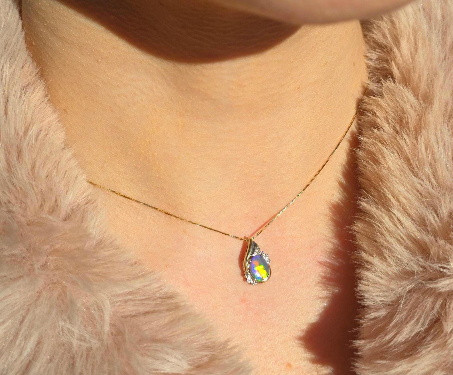 Lightning bolt - NEON Solid 10k Gold Natural Australian Opal Necklace thumbnail 15