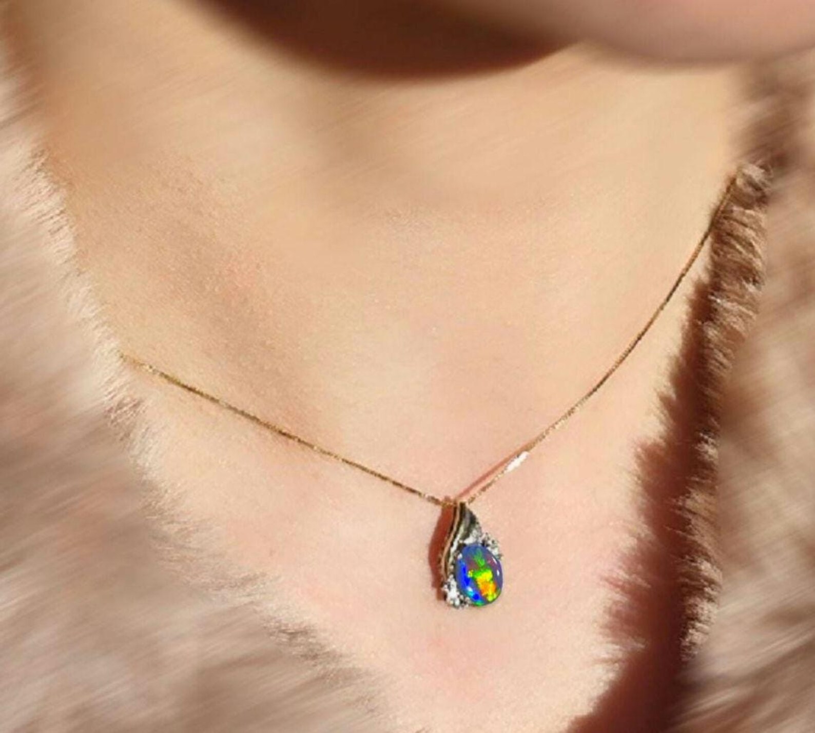 Lightning bolt - NEON Solid 10k Gold Natural Australian Opal Necklace thumbnail 8
